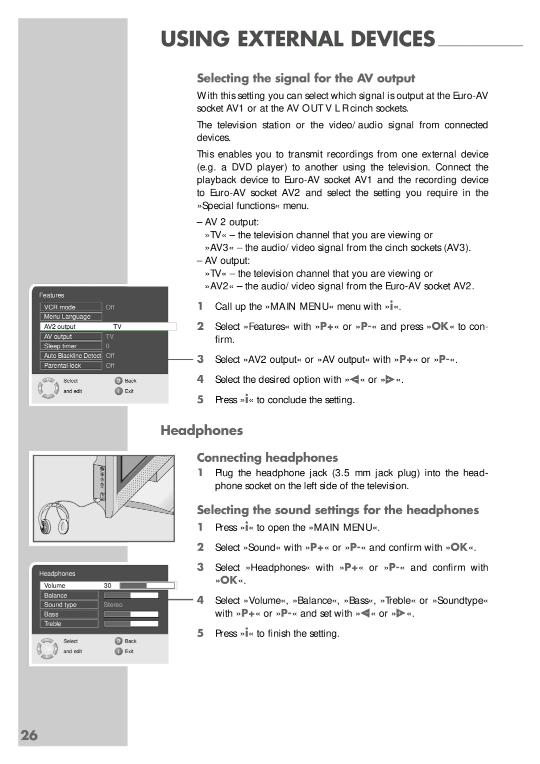 Grundig LXW 82-8720, LXW 68-8720 manual Headphones, Selecting the signal for the AV output, Connecting headphones 