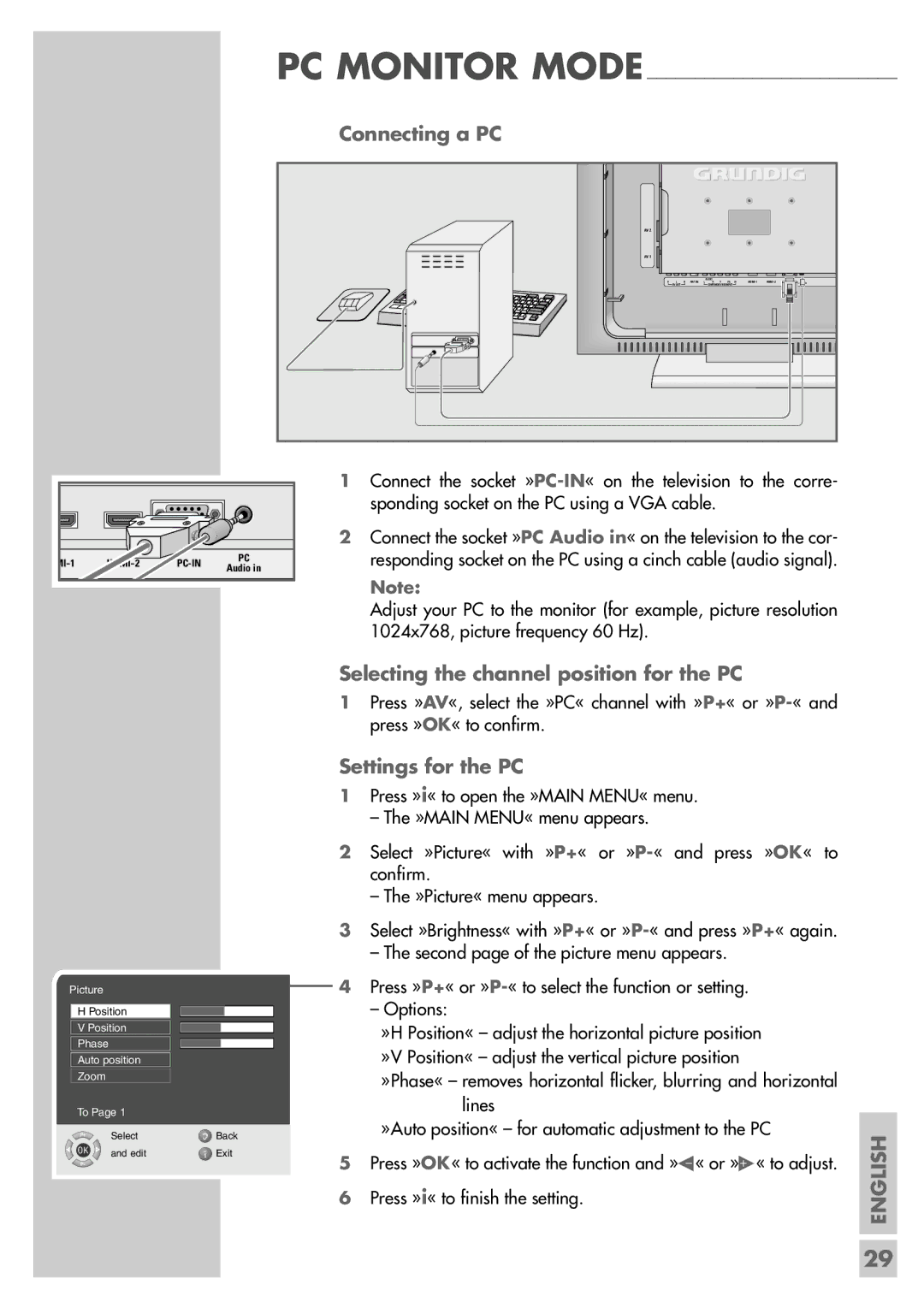 Grundig LXW 68-8720 manual PC Monitor Mode Connecting a PC, Selecting the channel position for the PC, Settings for the PC 