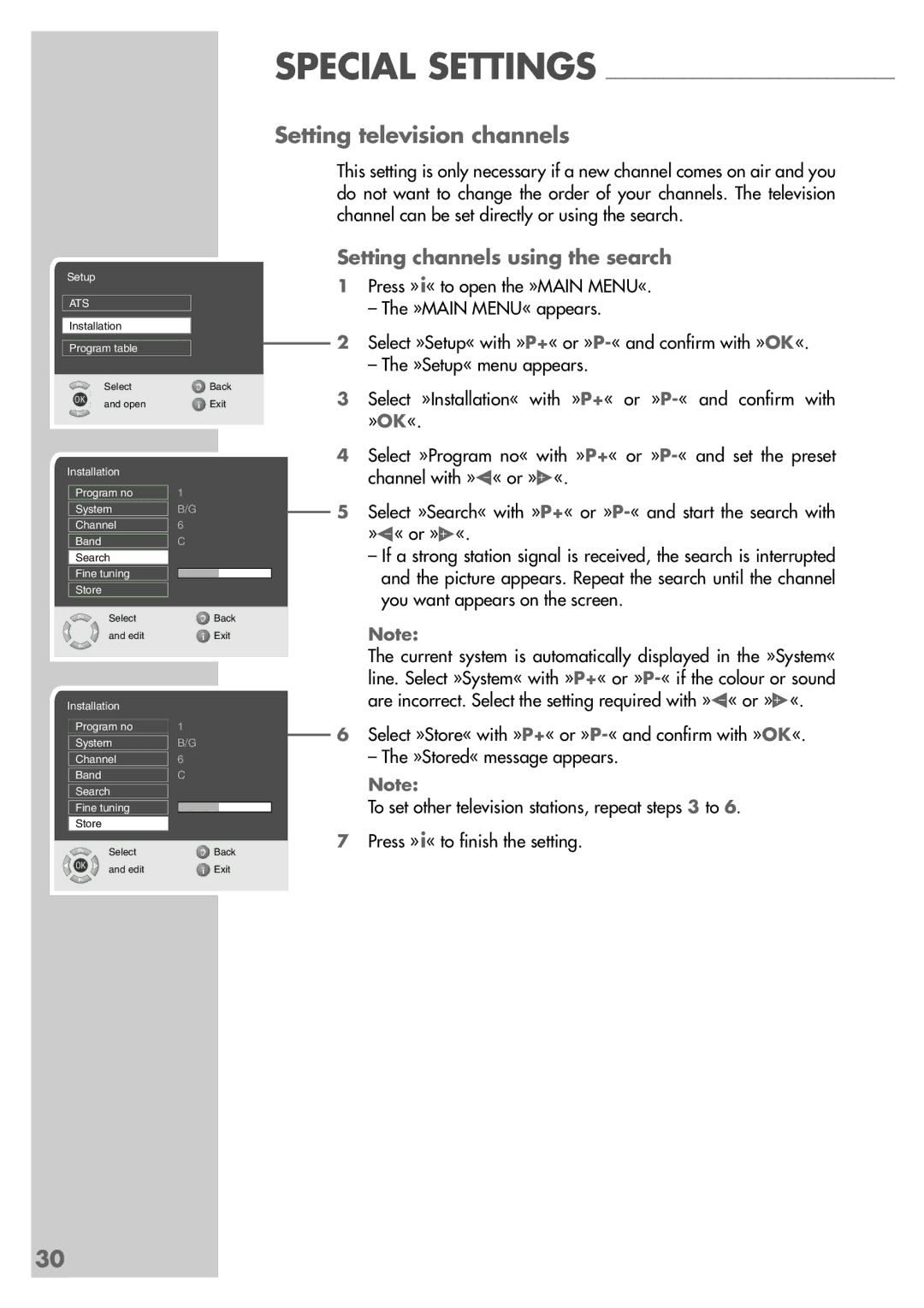 Grundig LXW 82-8720, LXW 68-8720 manual Setting television channels, Setting channels using the search, Special Settings 