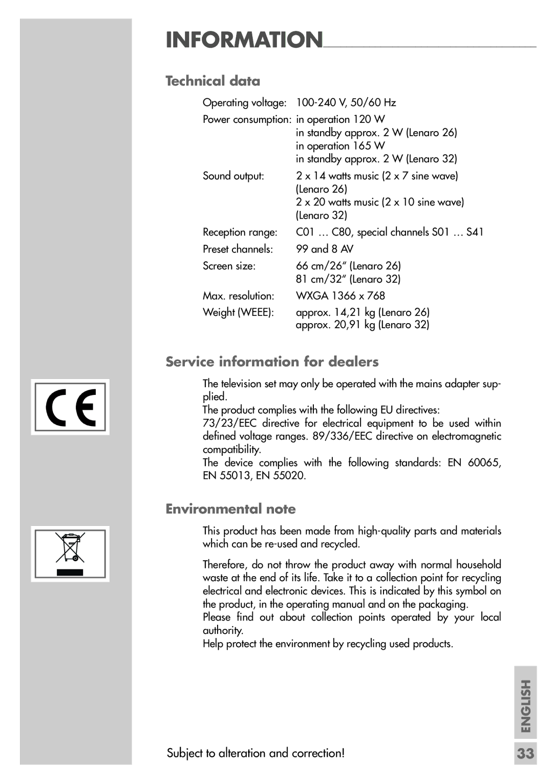 Grundig LXW 68-8720, LXW 82-8720 manual Technical data, Service information for dealers, Environmental note 