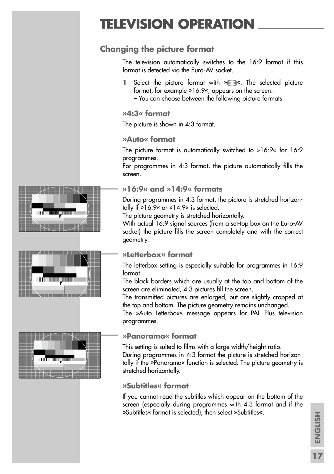 Grundig LXW 68-8720 Changing the picture format, »43« format, »Auto« format, »169« and »149« formats, »Letterbox« format 