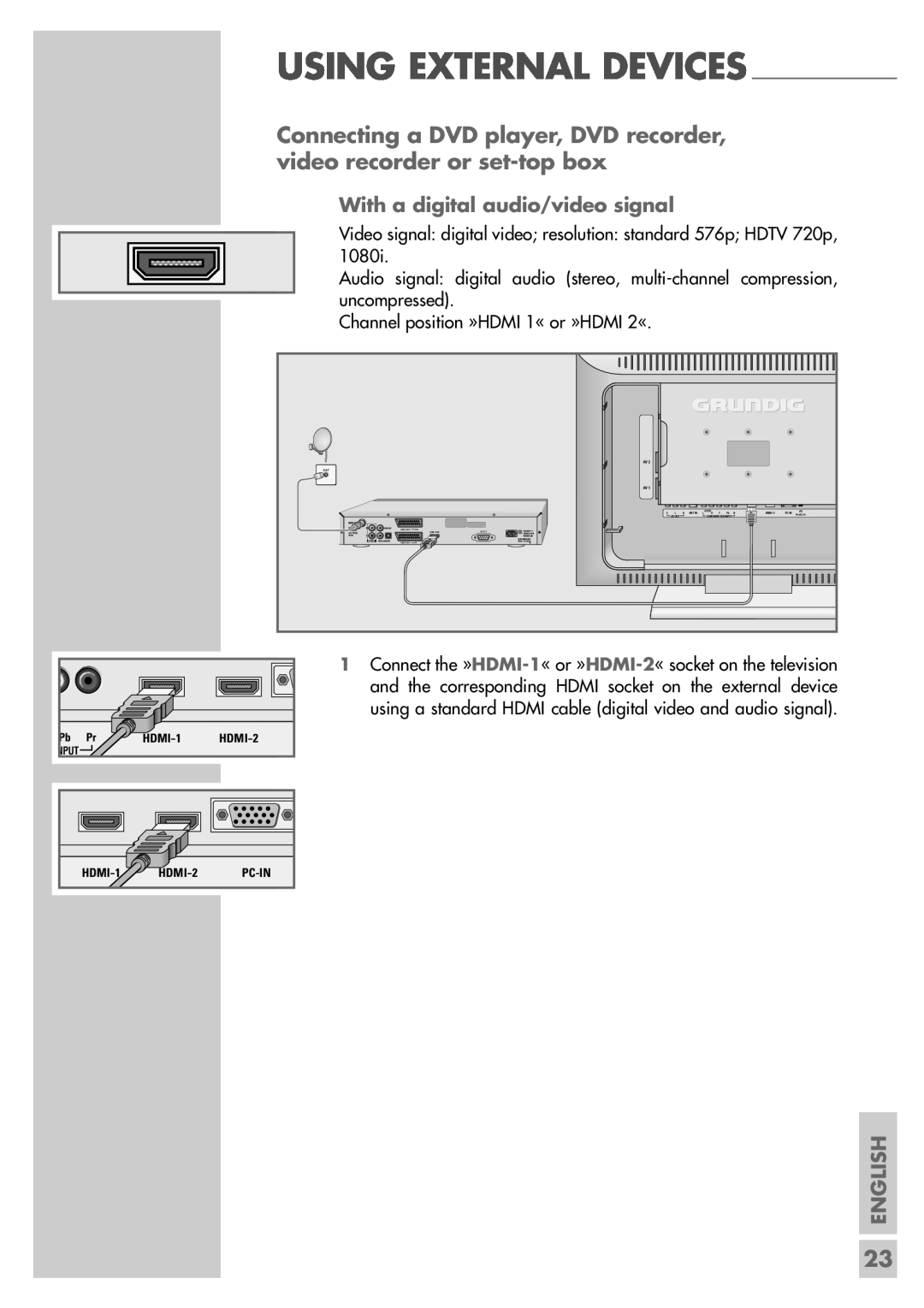 Grundig LXW 68-8720 Connecting a DVD player, DVD recorder, video recorder or set-top box, Using External Devices, English 