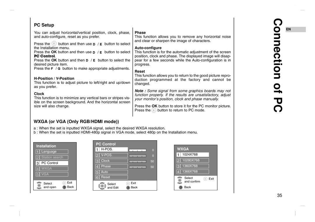 Grundig LXW 82-8625 IDTV, LXW 94-8625 IDTV manual Connection of PC, PC Setup, Wxga or VGA Only RGB/HDMI mode, PC Control 