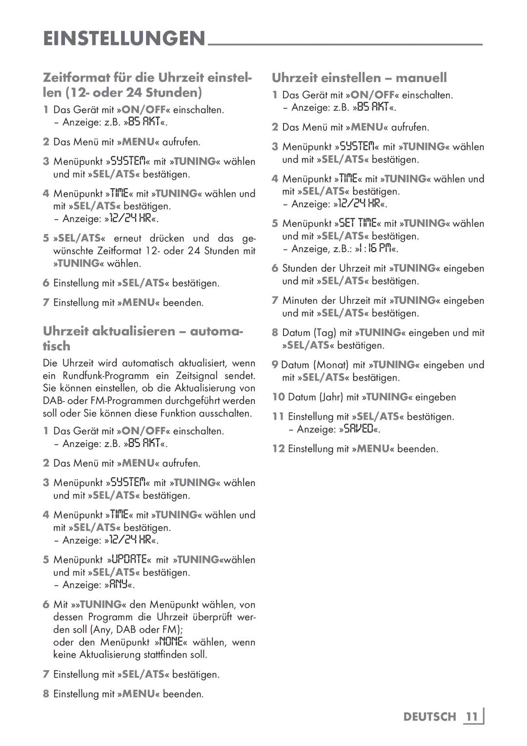 Grundig M4000/M5000 manual Zeitformat für die Uhrzeit einstel- len 12- oder 24 Stunden, Uhrzeit aktualisieren automa- tisch 