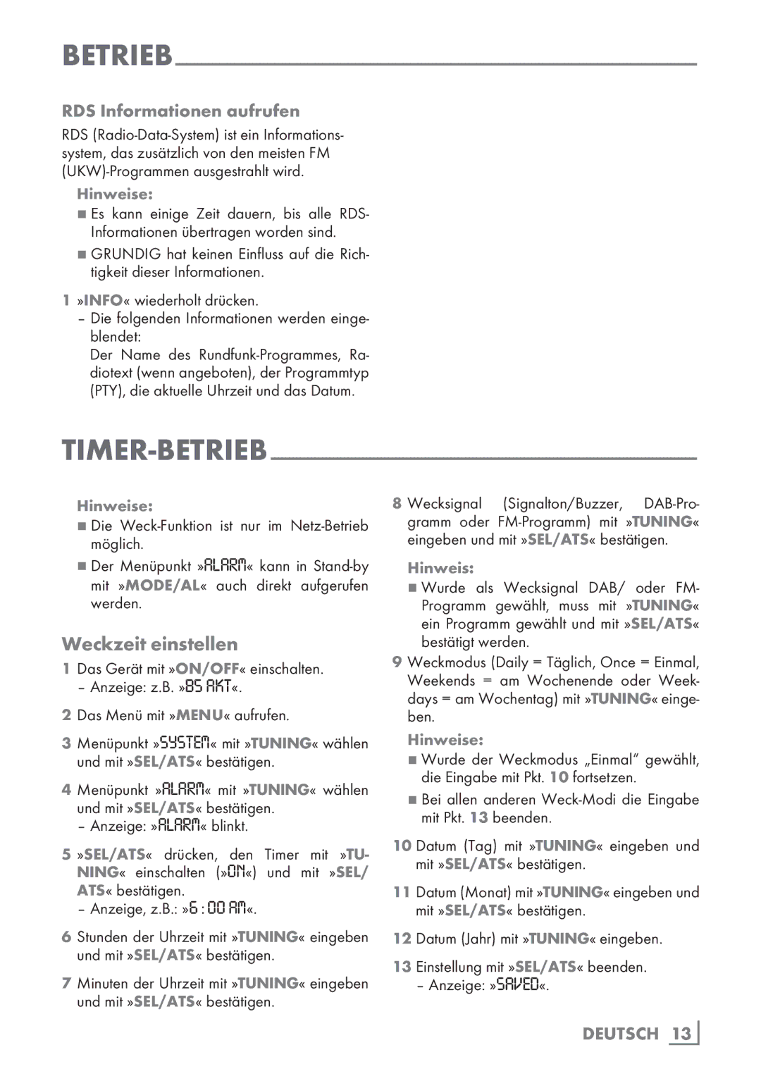 Grundig M4000/M5000 manual Weckzeit einstellen, RDS Informationen aufrufen 