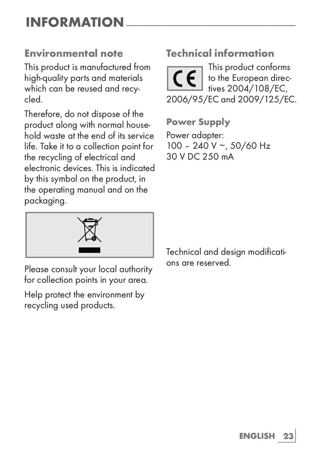 Grundig MA 5820 Environmental note, Technical information, Power Supply, Power adapter 100 240 V ~, 50/60 Hz DC 250 mA 