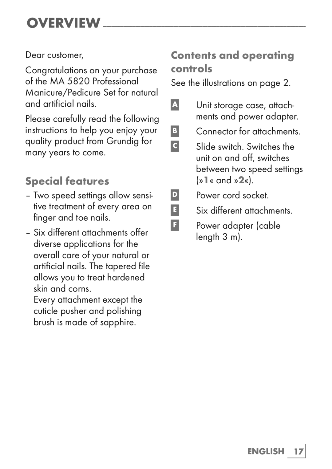 Grundig MA 5820 manual Special features, Contents and operating controls 