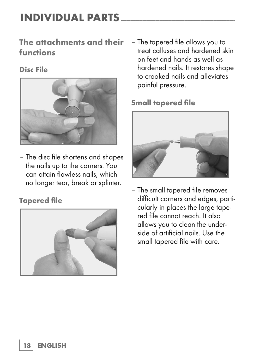Grundig MA 5820 manual Attachments and their functions, Disc File, Tapered ﬁle, Small tapered ﬁle 