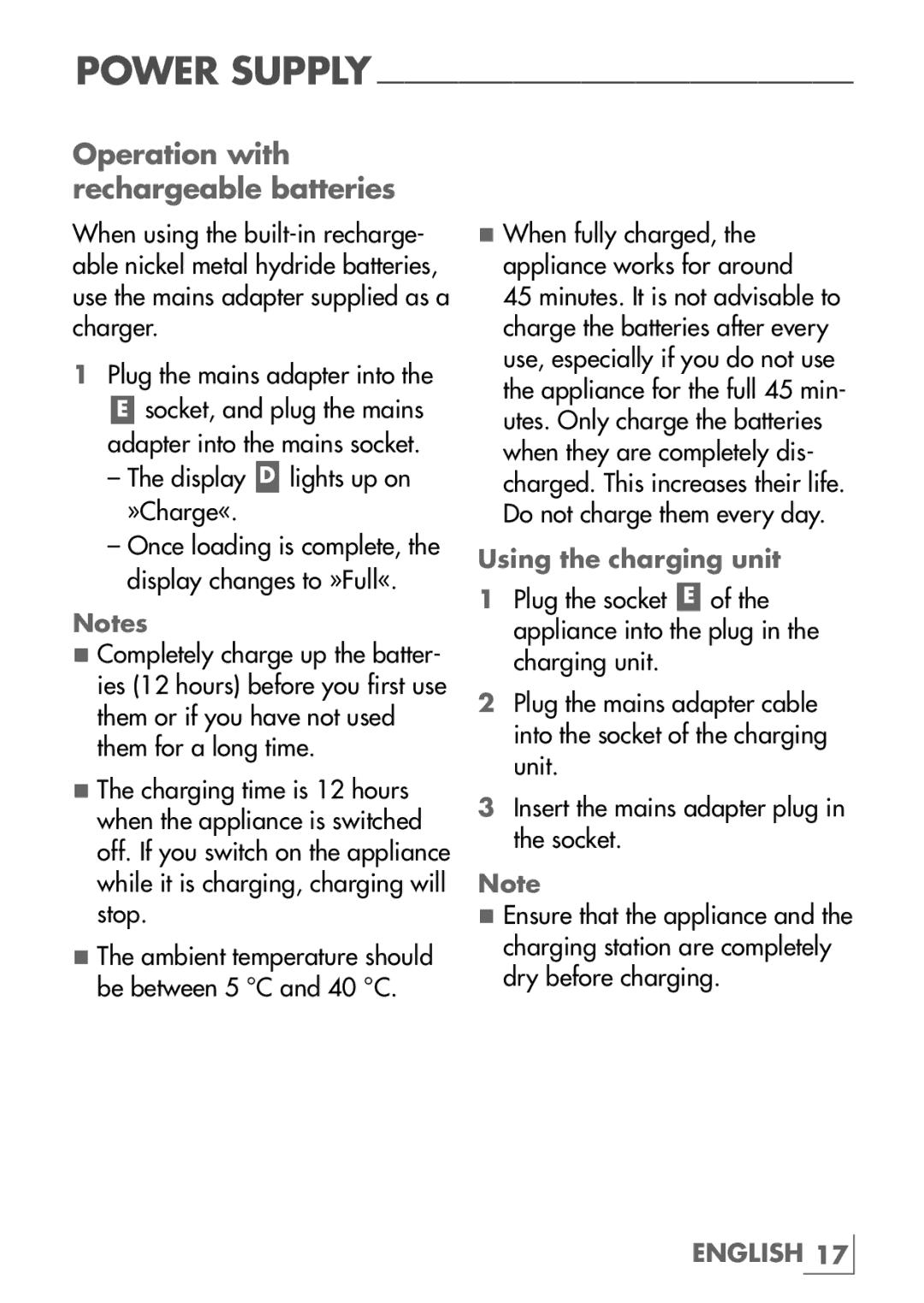 Grundig MC 4540 manual Operation with rechargeable batteries, Using the charging unit 