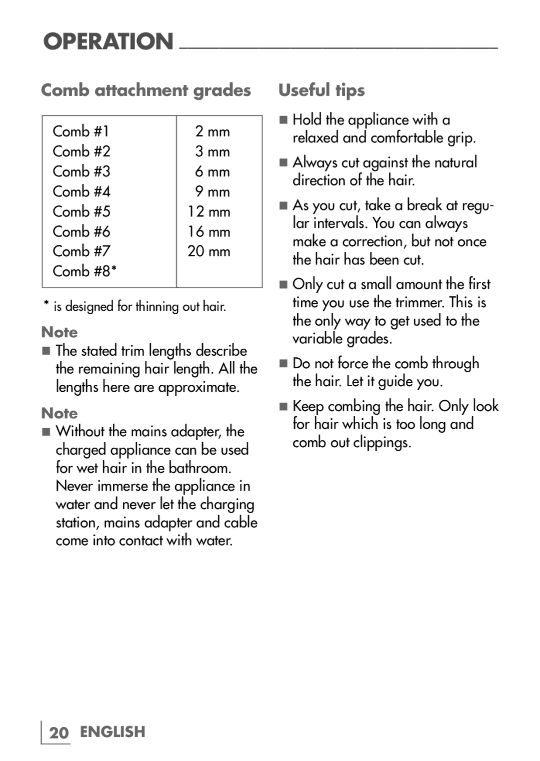 Grundig MC 4540 manual Comb attachment grades Useful tips 