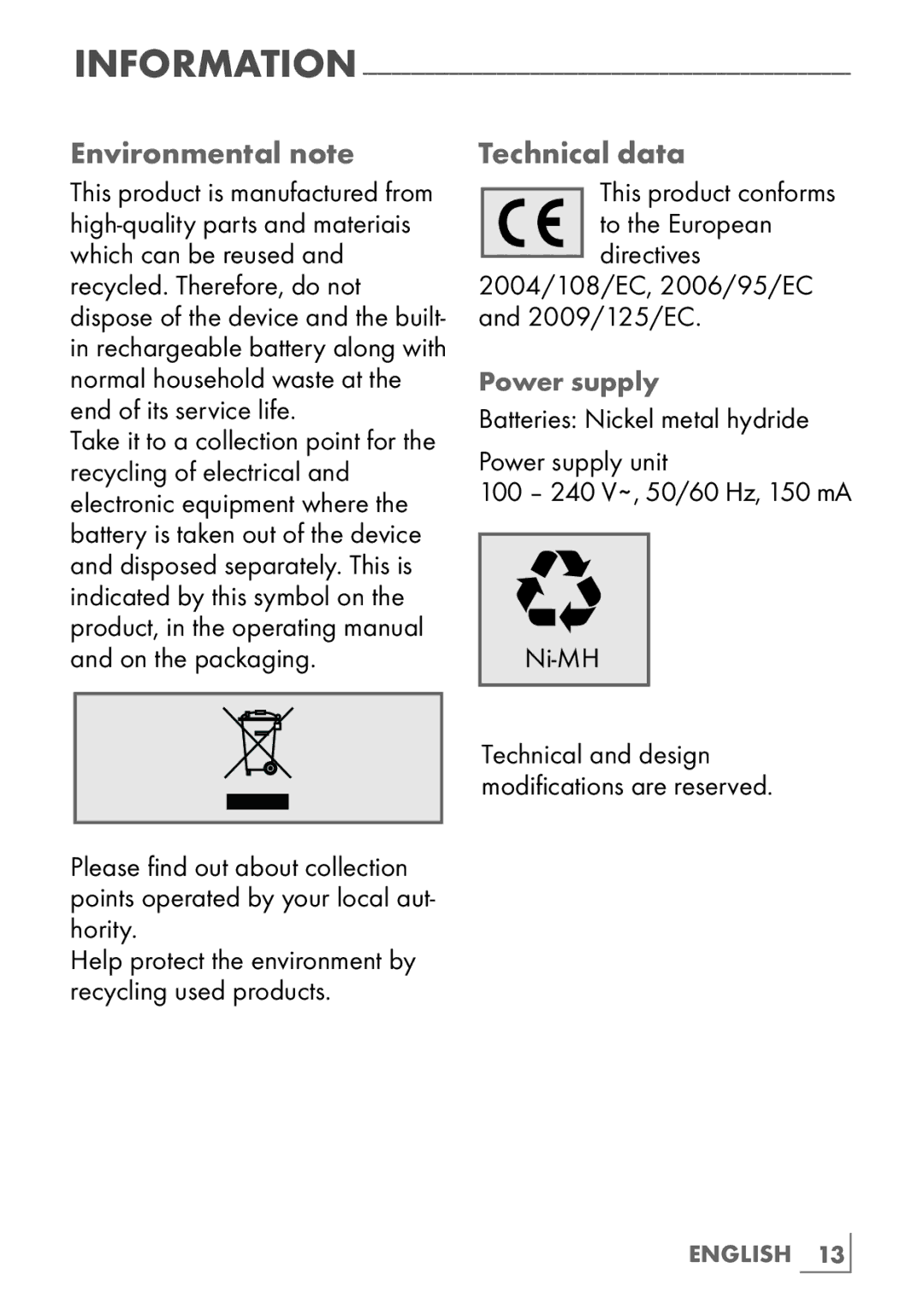 Grundig MC 4840 manual Environmental note, Technical data, Directives 2004/108/EC, 2006/95/EC and 2009/125/EC 