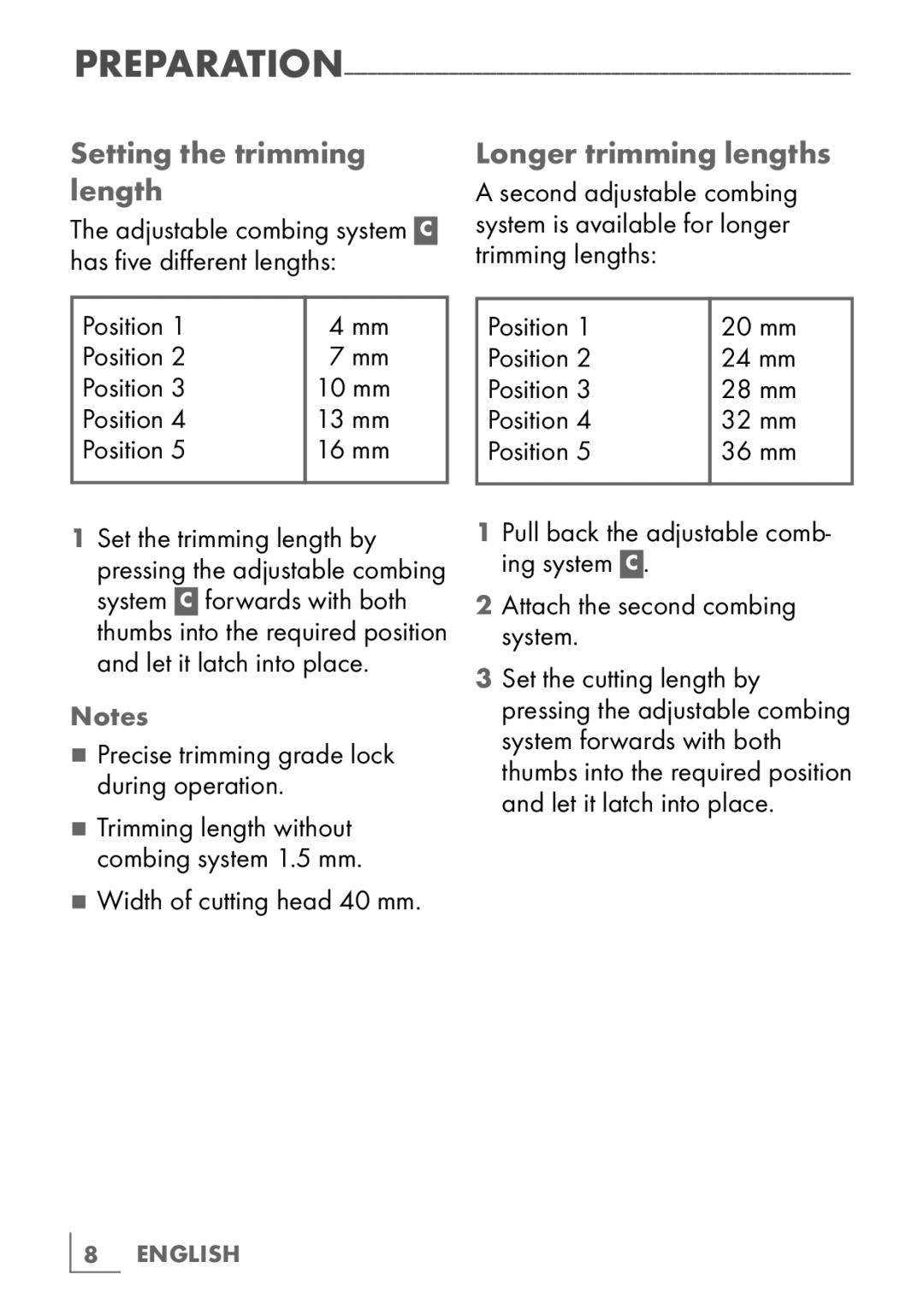 Grundig MC 4840 manual Setting the trimming length, Longer trimming lengths, Position, Width of cutting head 40 mm 