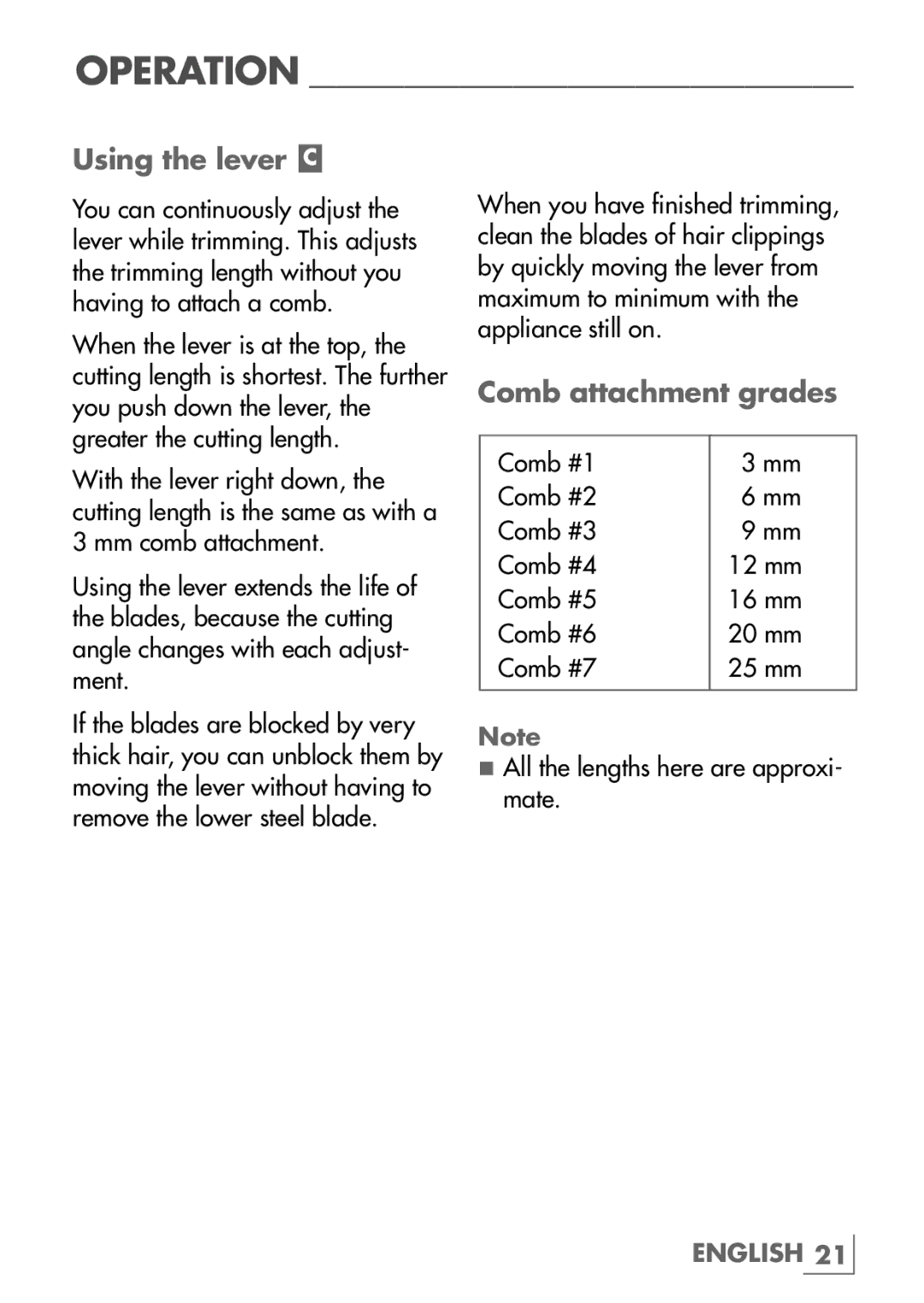 Grundig MC 6540 manual Using the lever C, Comb attachment grades 