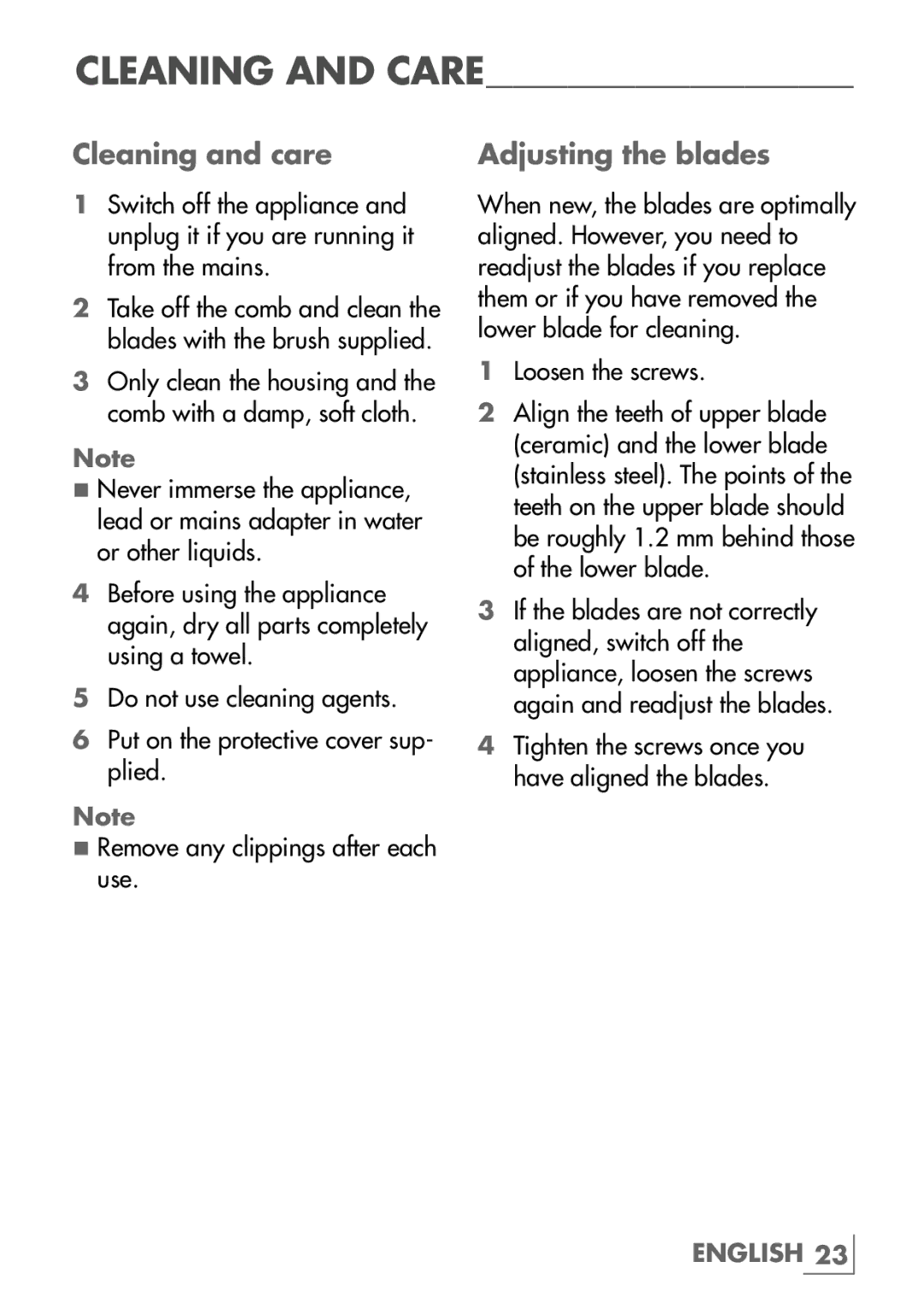 Grundig MC 6540 manual Cleaning and care, Adjusting the blades 