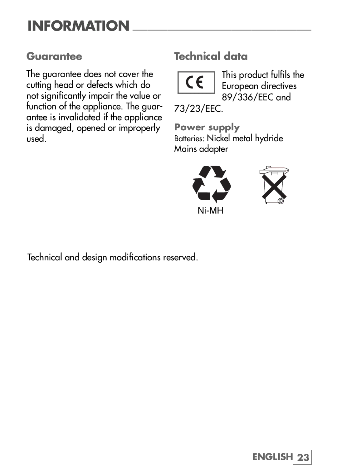 Grundig mc3540 manual Guarantee, Technical data 