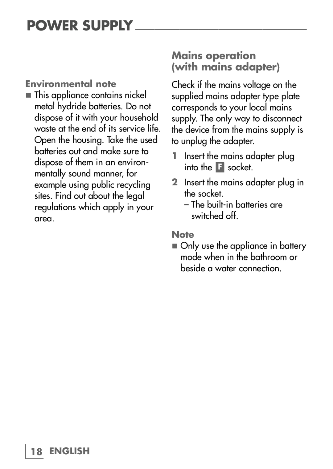 Grundig mc3540 manual Mains operation with mains adapter, Environmental note 