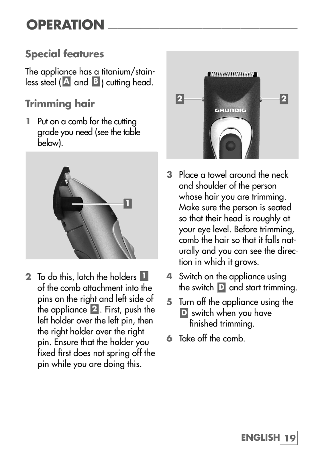 Grundig mc3540 manual Special features, Trimming hair 