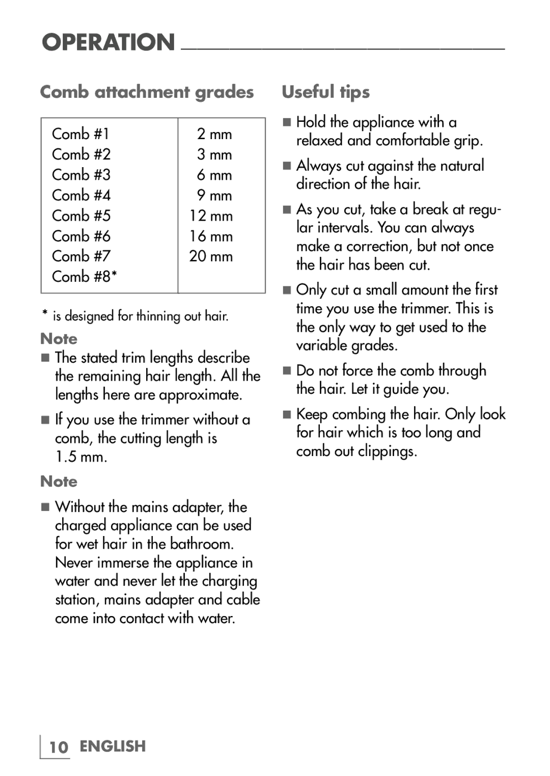 Grundig MC9540 manual Comb attachment grades Useful tips 