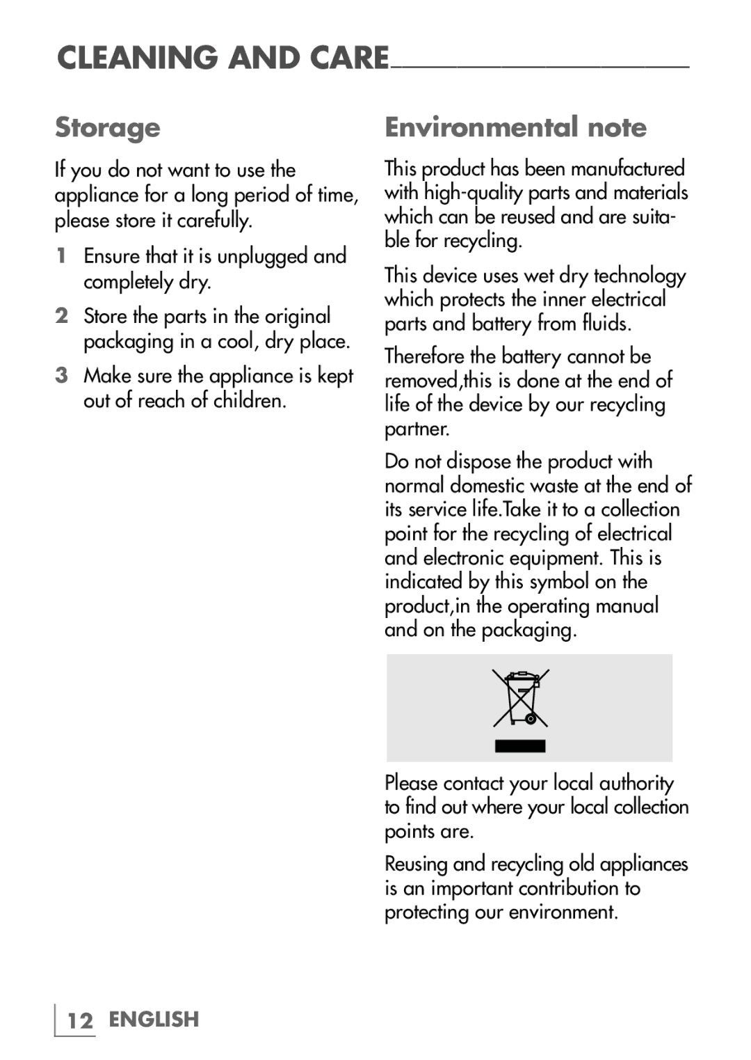 Grundig MC9540 manual Storage, Environmental note 