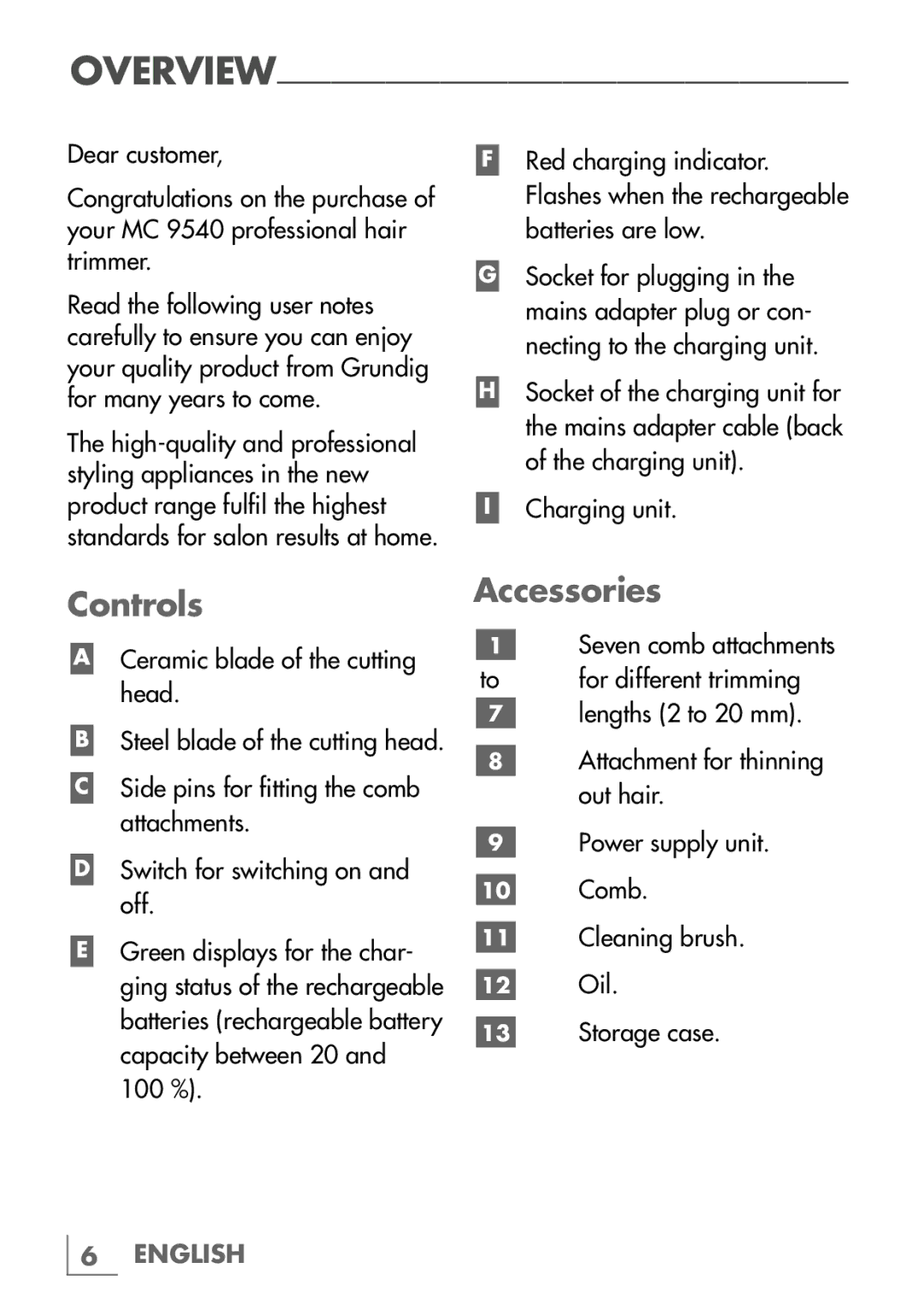 Grundig MC9540 manual Controls, Accessories 