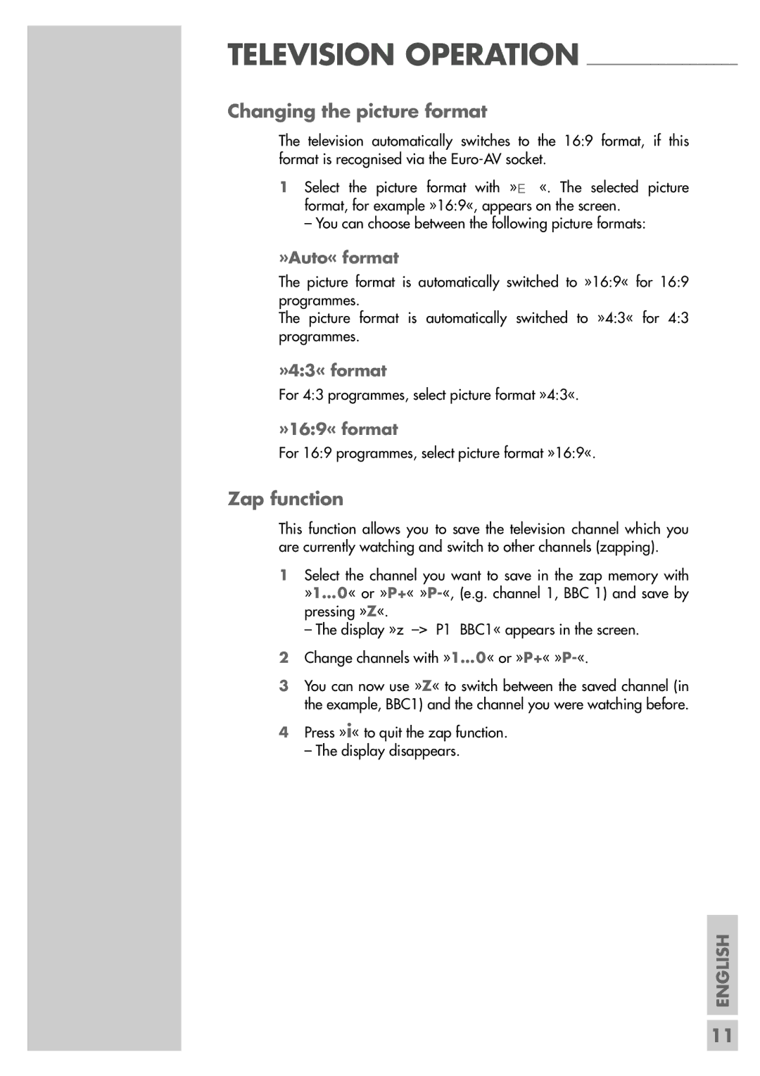 Grundig MF 40-2501/5 TEXT manual Changing the picture format, Zap function, »Auto« format, »43« format, »169« format 