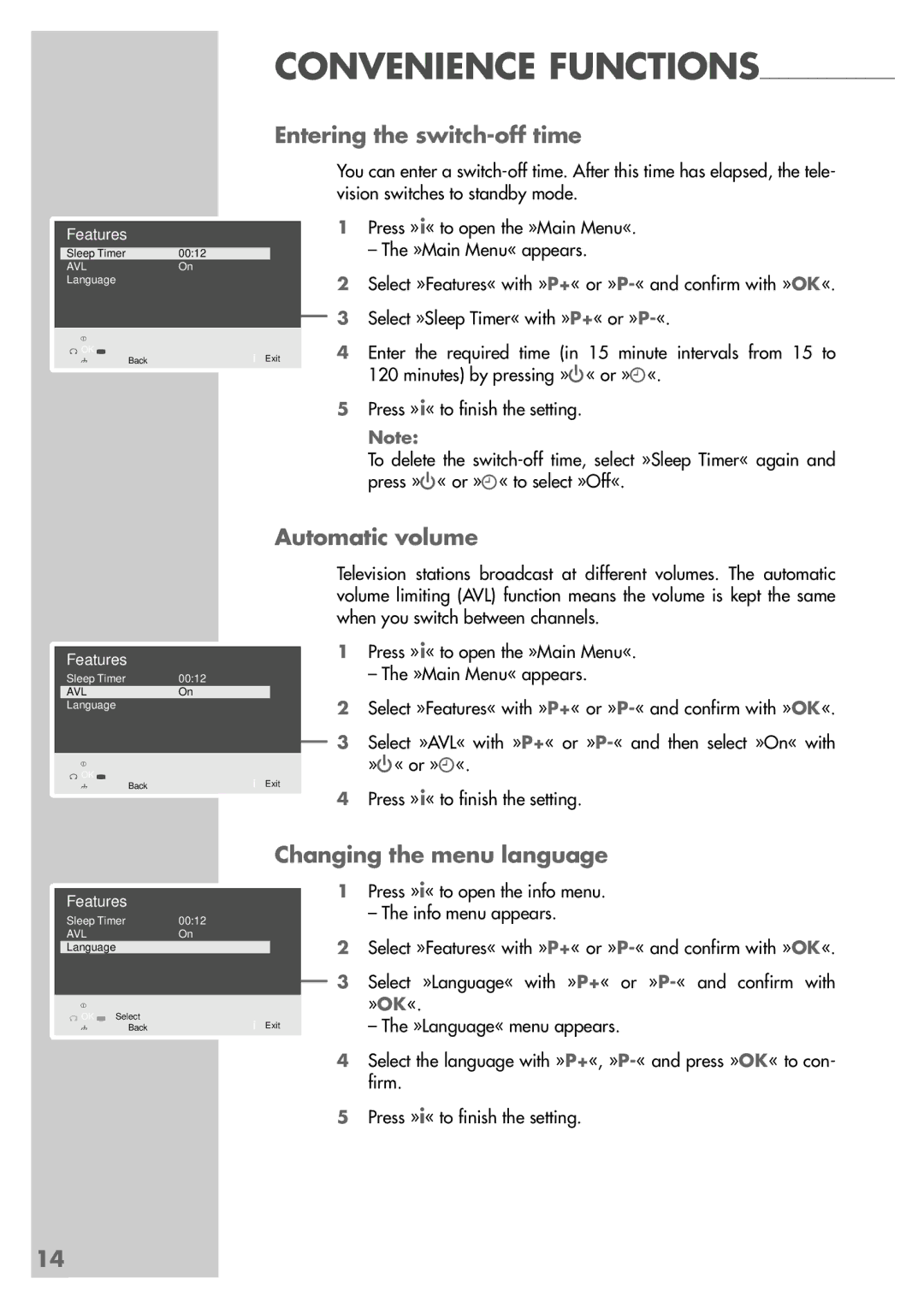 Grundig MF 40-2501/5 TEXT manual Entering the switch-off time, Automatic volume, Changing the menu language 