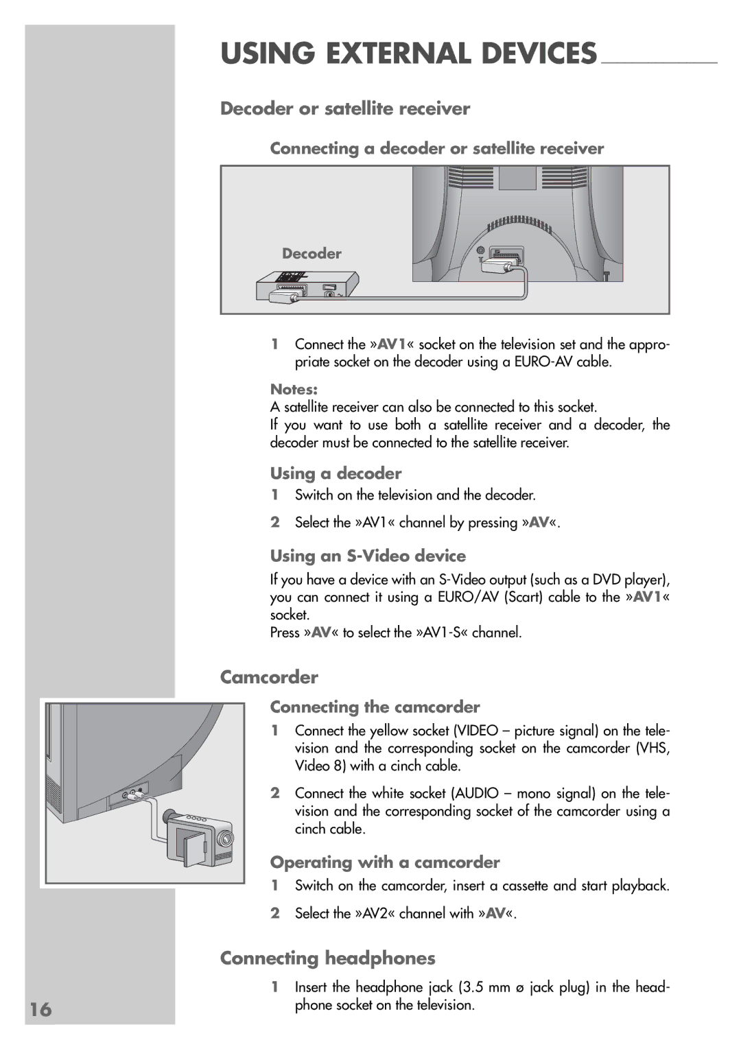 Grundig MF 40-2501/5 TEXT manual Decoder or satellite receiver, Camcorder, Connecting headphones 