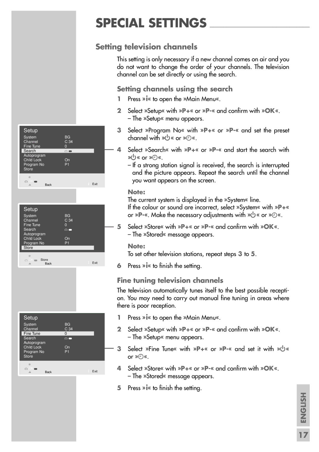 Grundig MF 40-2501/5 TEXT Setting television channels, Setting channels using the search, Fine tuning television channels 