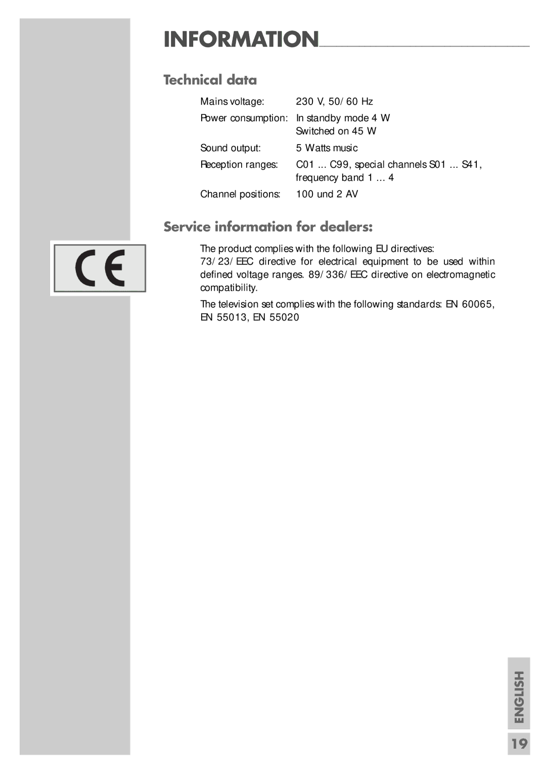 Grundig MF 40-2501/5 TEXT manual Technical data, Service information for dealers 