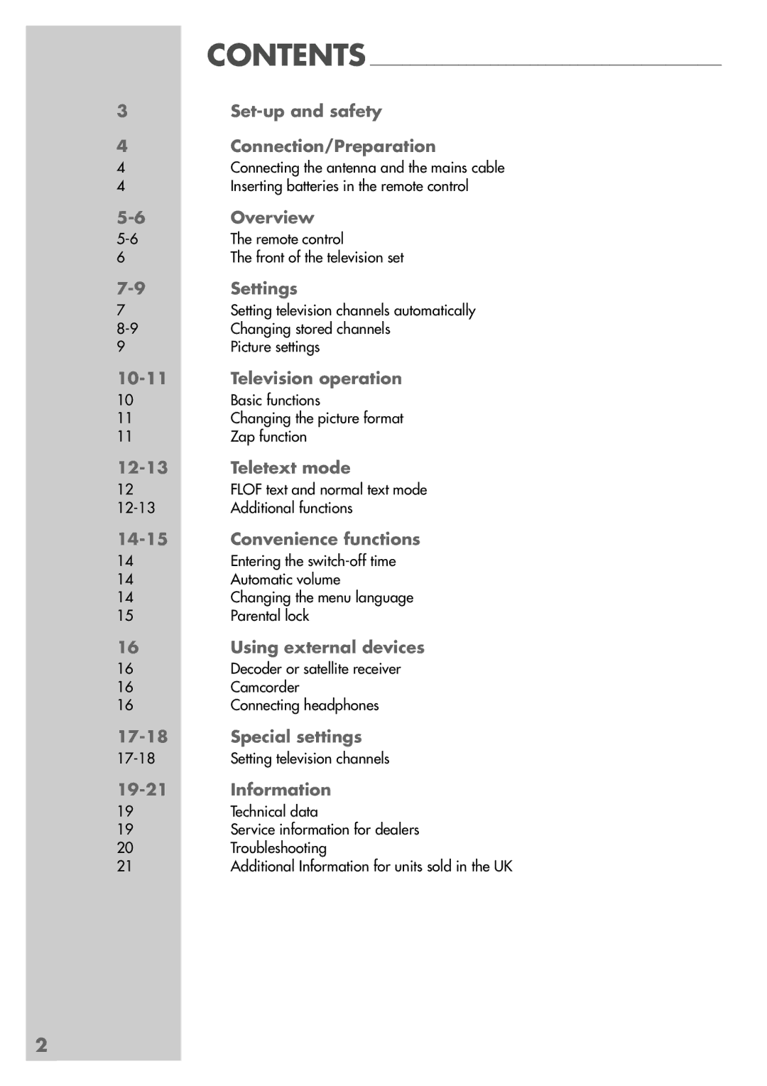 Grundig MF 40-2501/5 TEXT Contents Set-up and safety Connection/Preparation, Overview, Settings, Television operation 