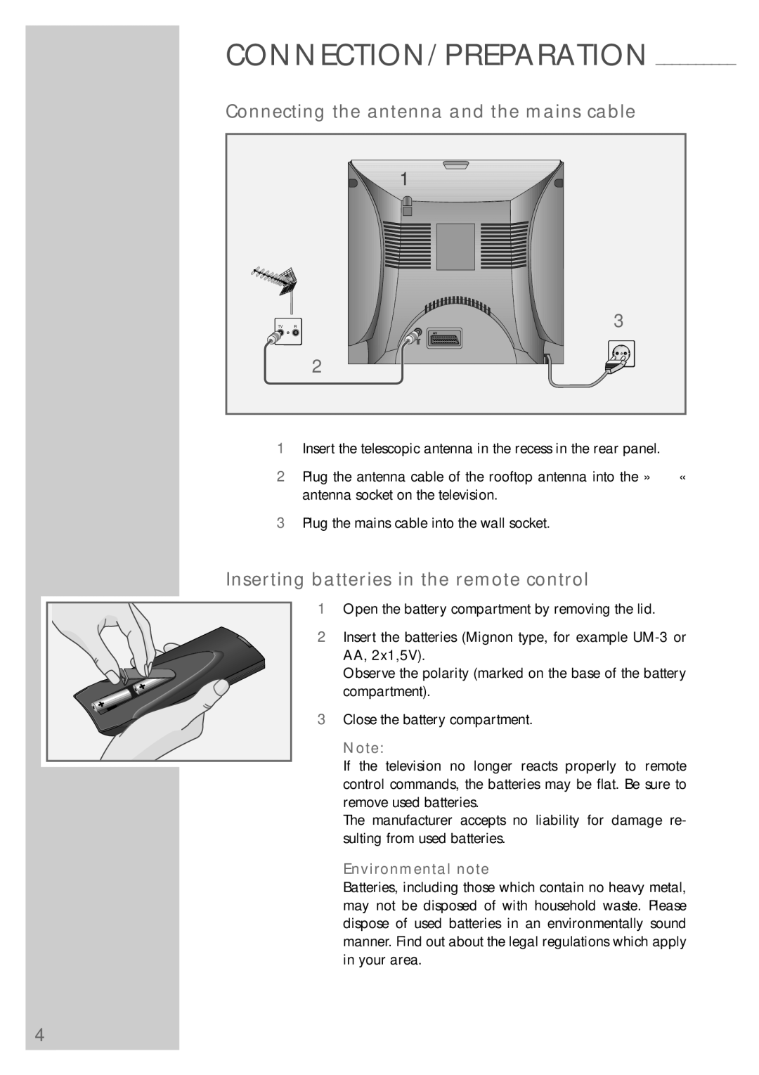 Grundig MF 40-2501/5 TEXT manual Connecting the antenna and the mains cable, Inserting batteries in the remote control 