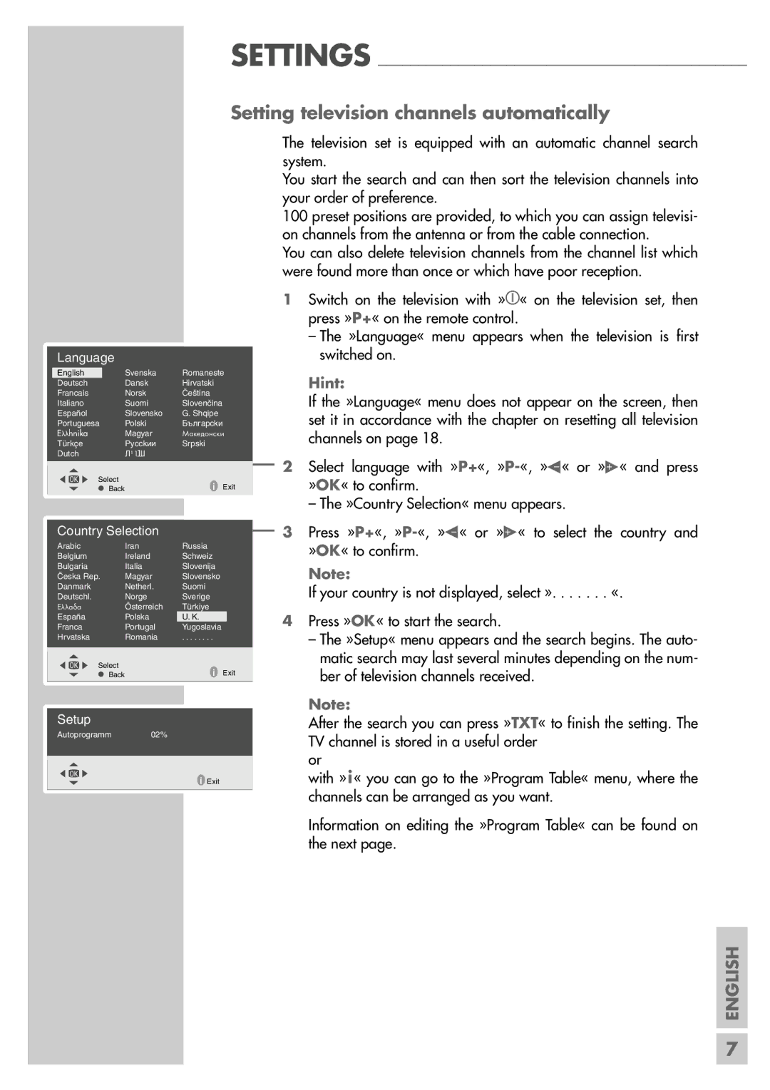 Grundig MF 40-2501/5 TEXT manual Setting television channels automatically, Settings, Hint 