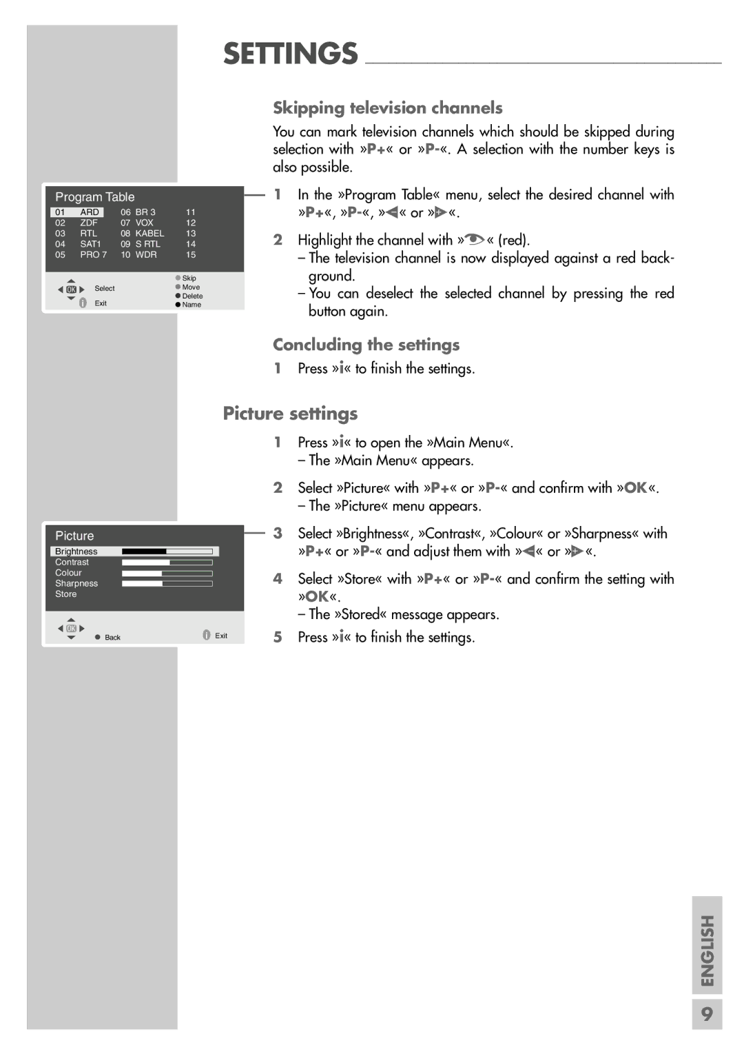 Grundig MF 40-2501/5 TEXT manual Picture settings, Skipping television channels, Concluding the settings 