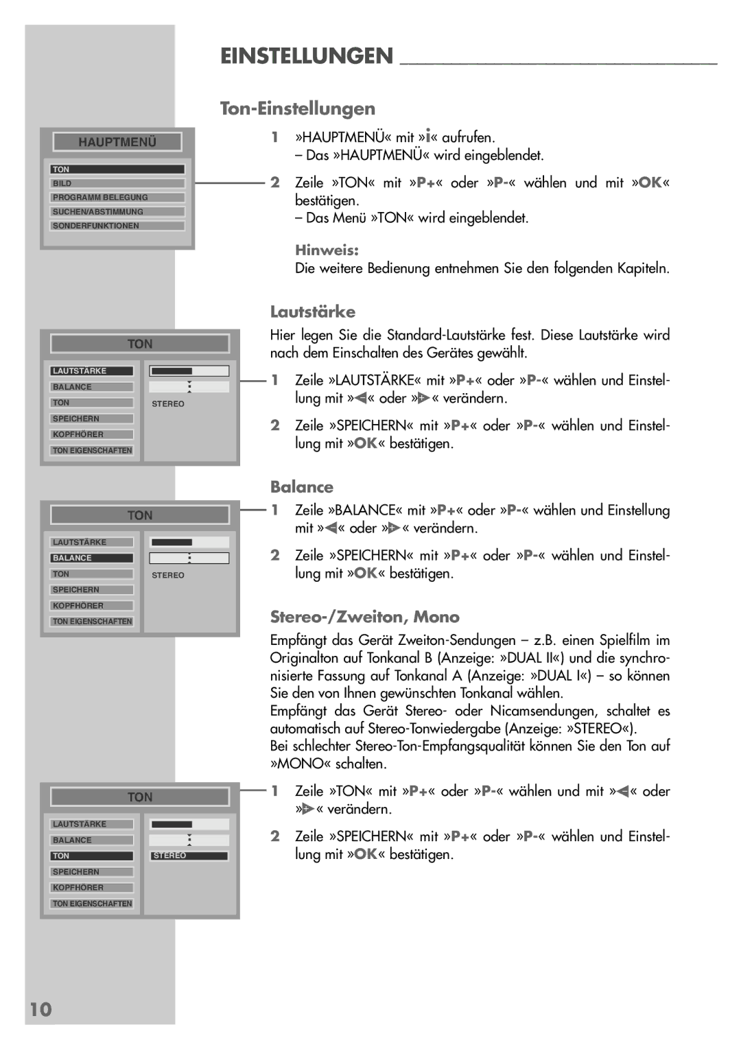 Grundig MFW 70-2410/7 Dolby, MF 72-2410/7 TOP manual Ton-Einstellungen, Lautstärke, Balance, Stereo-/Zweiton, Mono 