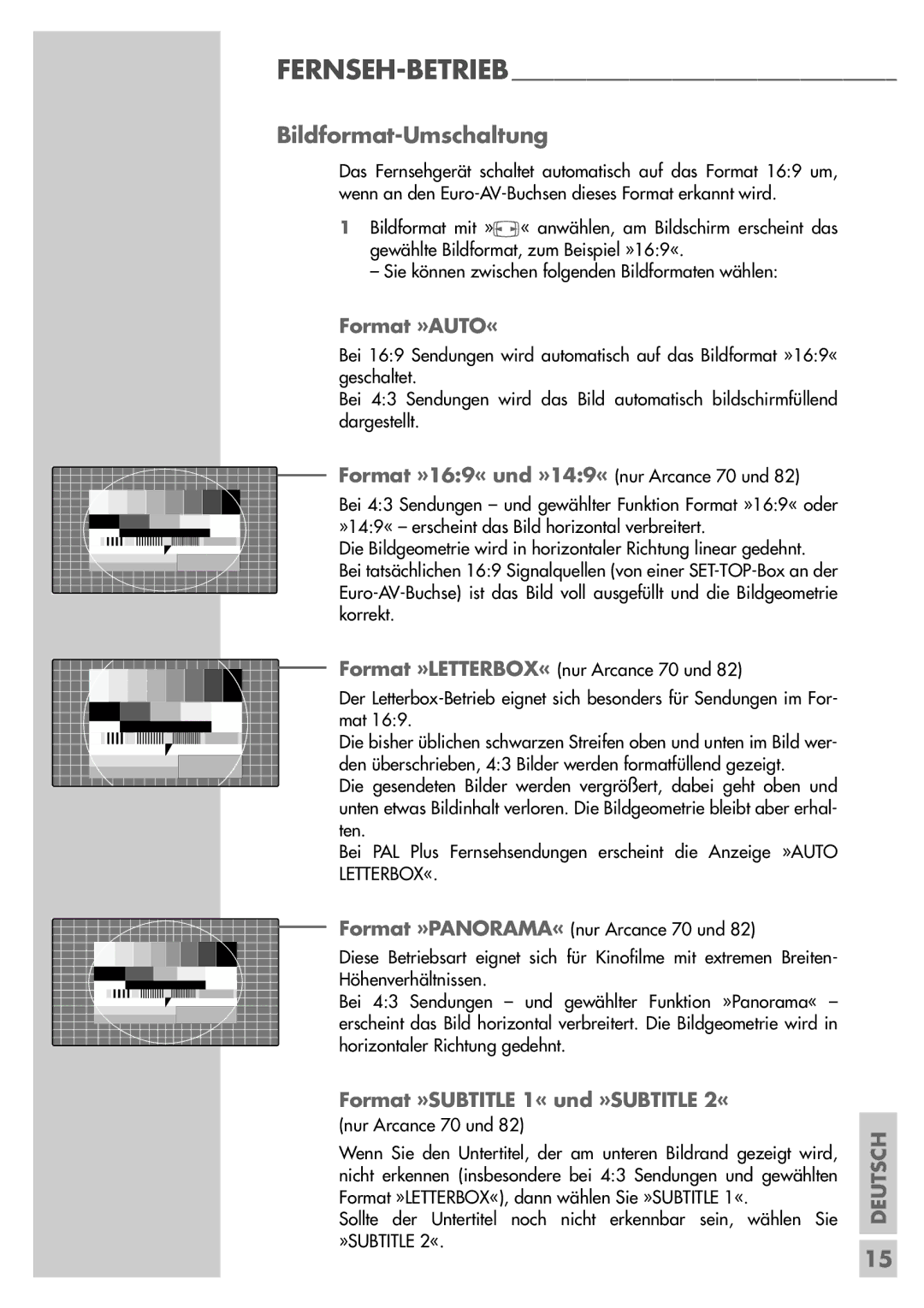 Grundig MF 72-2410/7 TOP manual Bildformat-Umschaltung, Format »AUTO«, Format »169« und »149« nur Arcance 70 und 