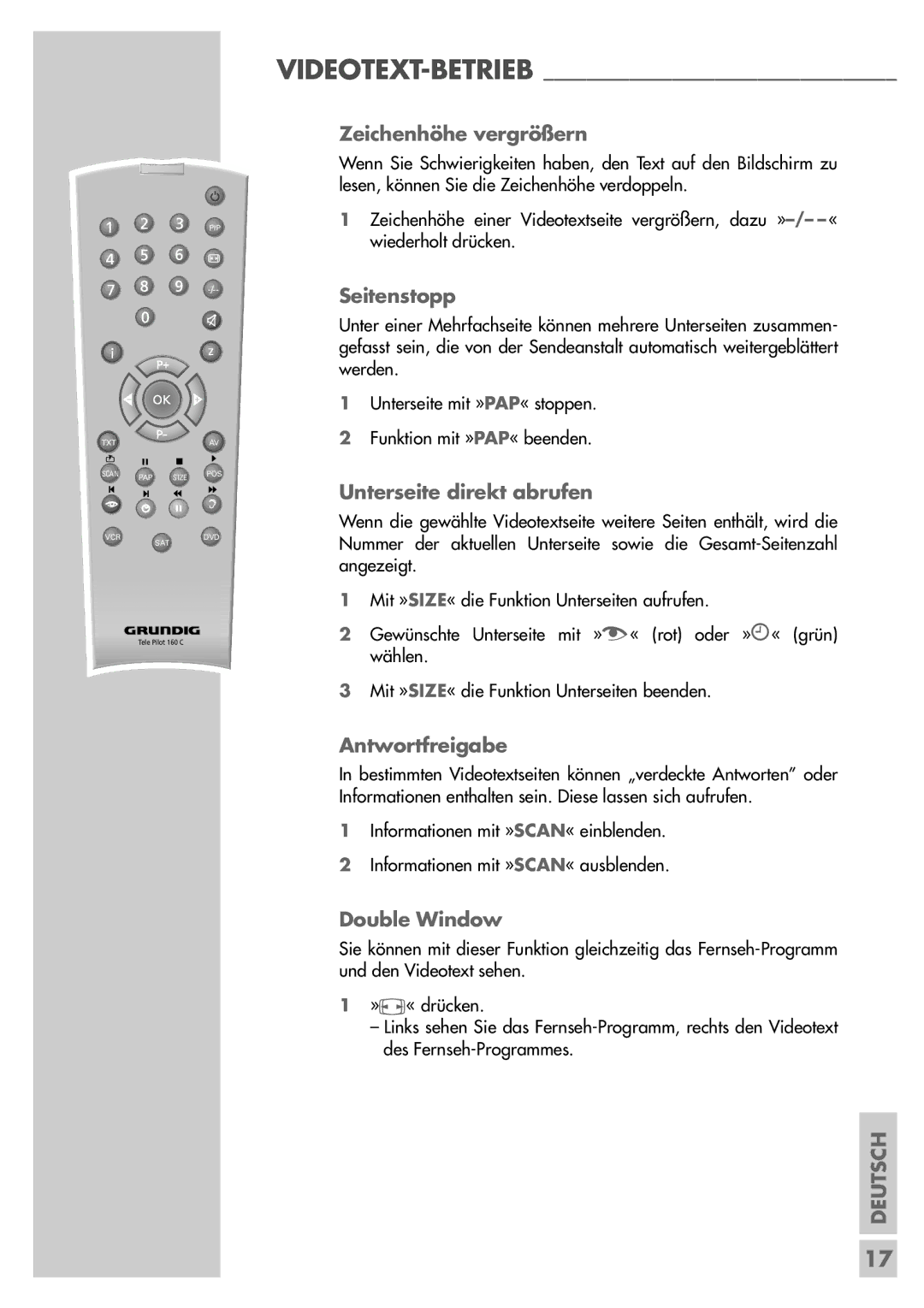 Grundig MFW 82-2410/7 Dolby Zeichenhöhe vergrößern, Seitenstopp, Unterseite direkt abrufen, Antwortfreigabe, Double Window 