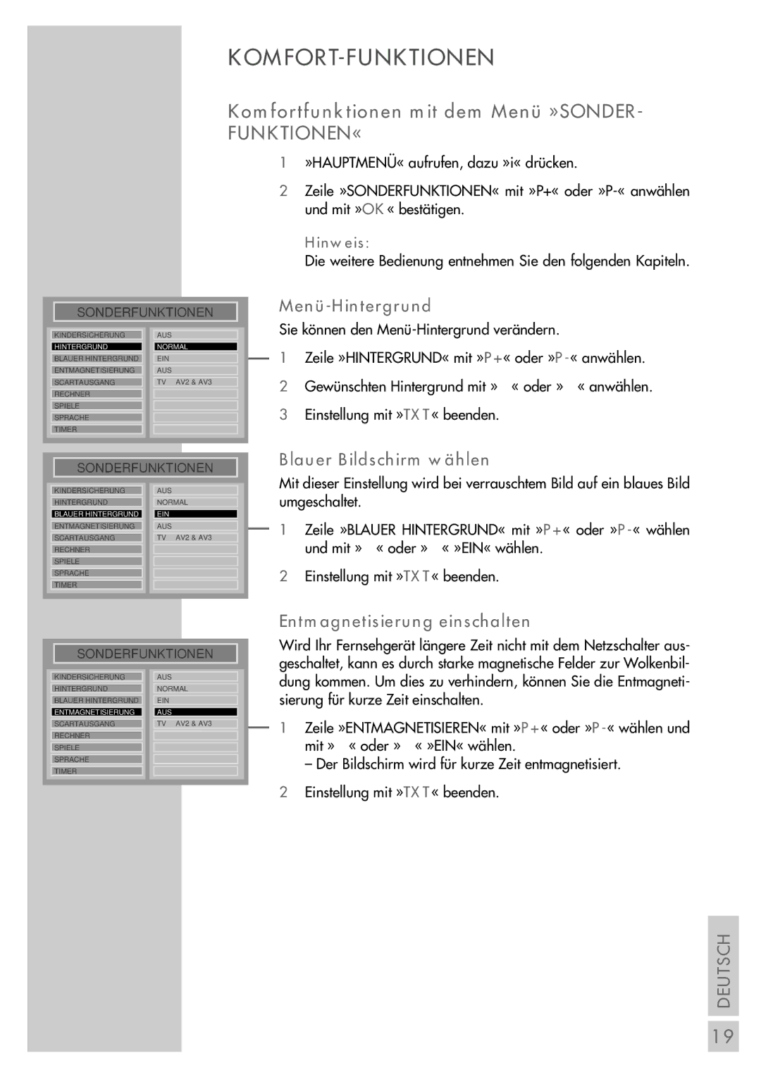 Grundig MFW 70-2410/7 Dolby manual Komfortfunktionen mit dem Menü »SONDER, Menü-Hintergrund, Blauer Bildschirm wählen 