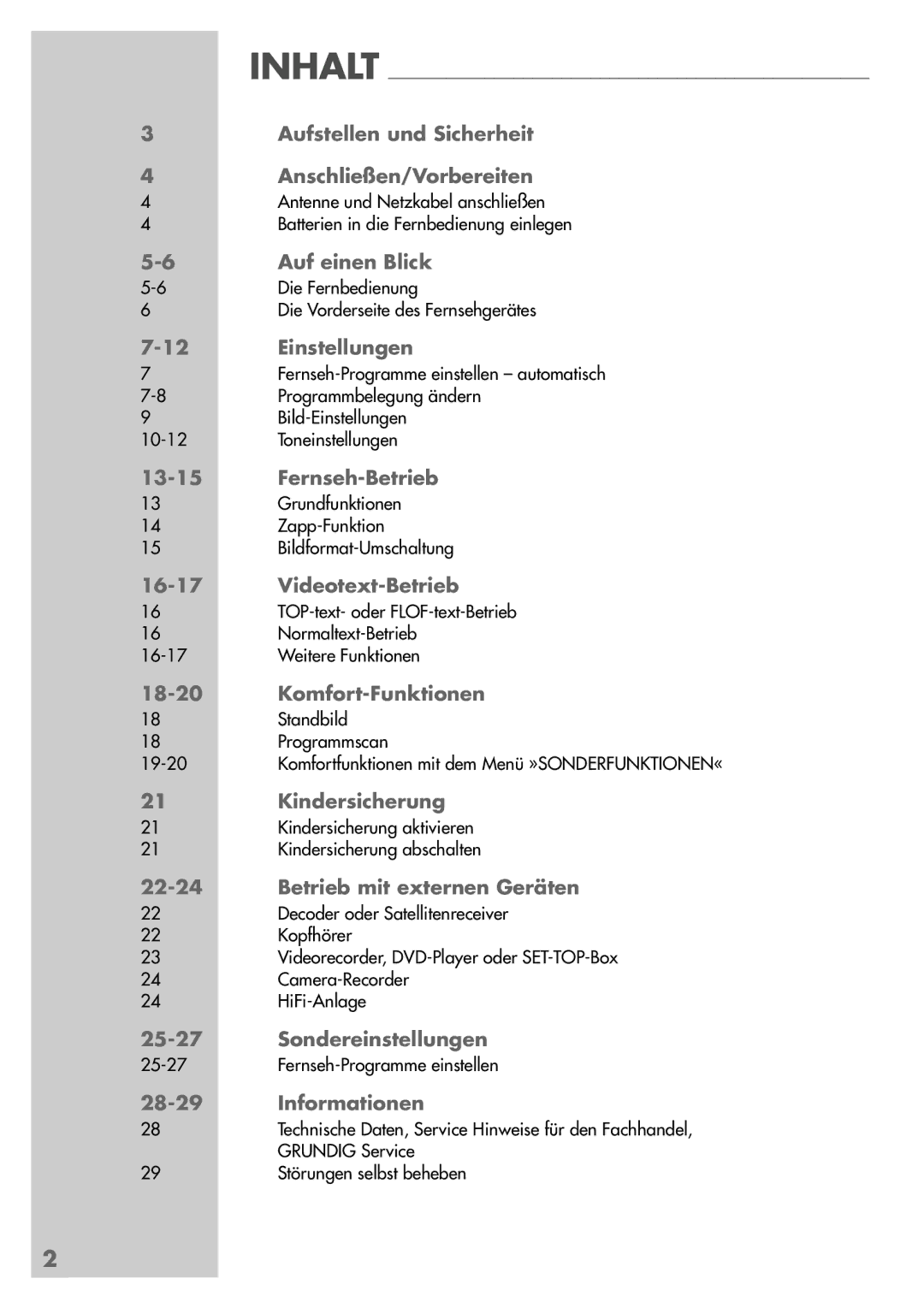 Grundig MFW 82-2410/7 Dolby manual Inhalt Aufstellen und Sicherheit Anschließen/Vorbereiten, Auf einen Blick, Einstellungen 