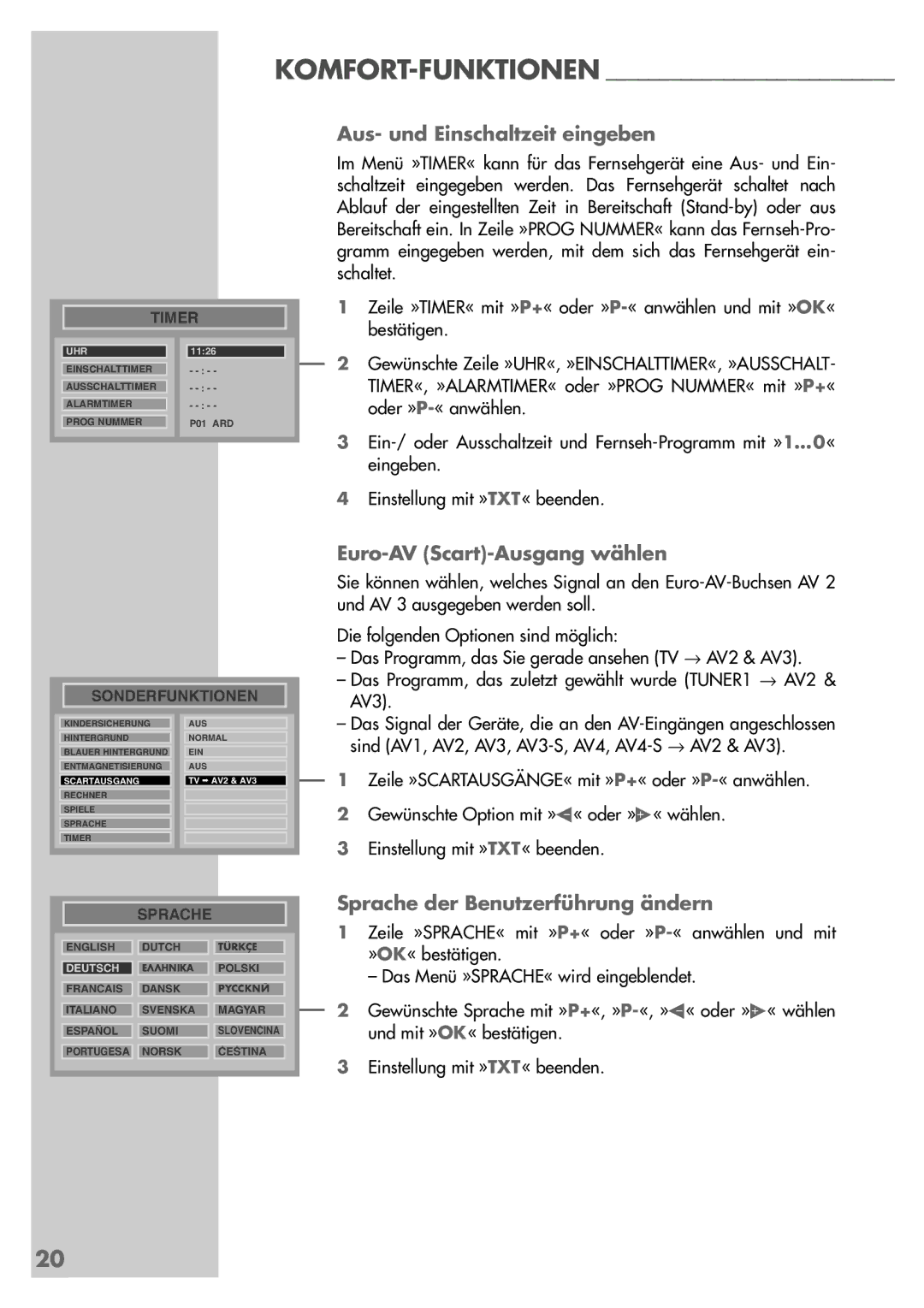 Grundig MFW 82-2410/7 Dolby, MF 72-2410/7 TOP manual Aus- und Einschaltzeit eingeben, Euro-AV Scart-Ausgang wählen, AV3 