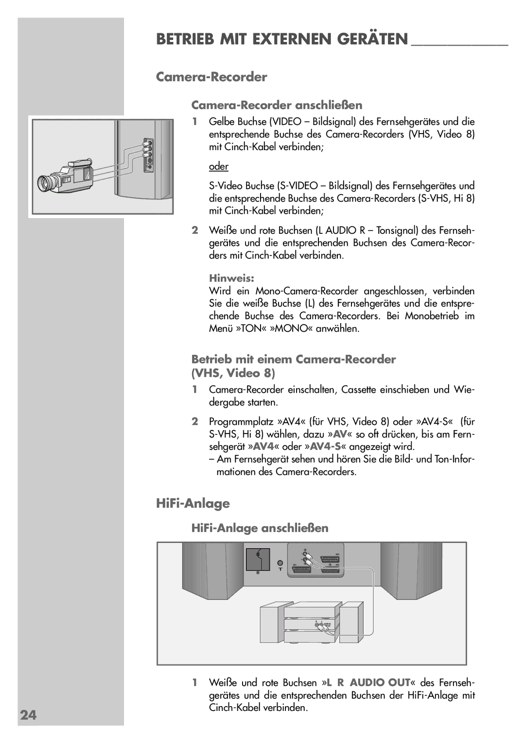 Grundig MF 72-2410/7 TOP manual HiFi-Anlage, Camera-Recorder anschließen, Betrieb mit einem Camera-Recorder VHS, Video 