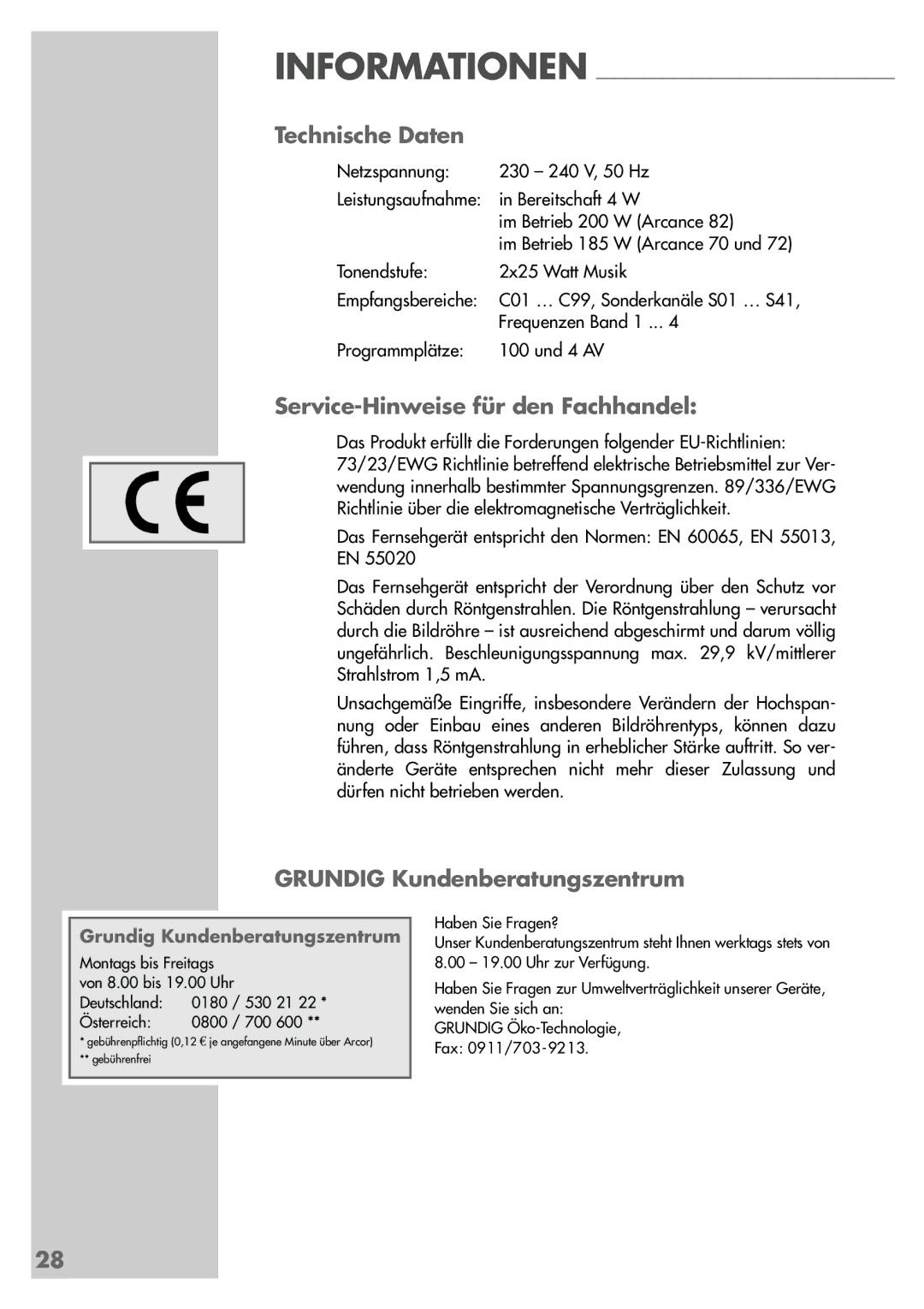 Grundig MFW 70-2410/7 Dolby manual Technische Daten, Service-Hinweise für den Fachhandel, Grundig Kundenberatungszentrum 