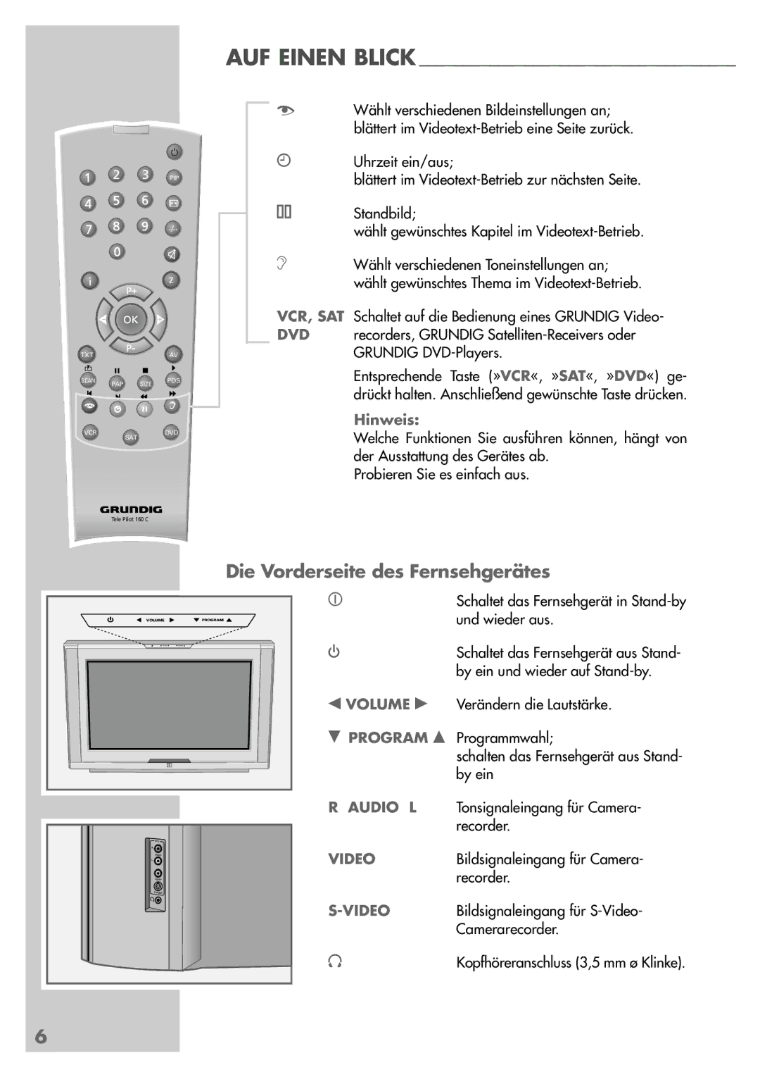 Grundig MF 72-2410/7 TOP Die Vorderseite des Fernsehgerätes, Standbild Wählt gewünschtes Kapitel im Videotext-Betrieb 