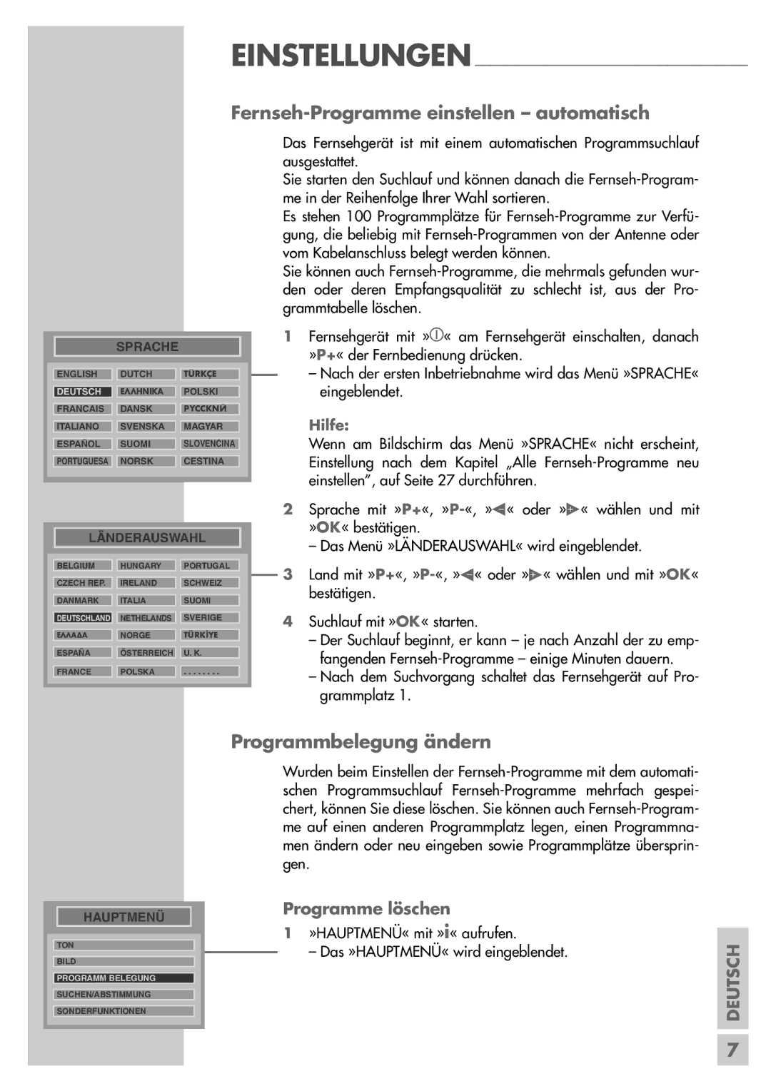 Grundig MFW 70-2410/7 Dolby manual Fernseh-Programme einstellen automatisch, Programmbelegung ändern, Programme löschen 