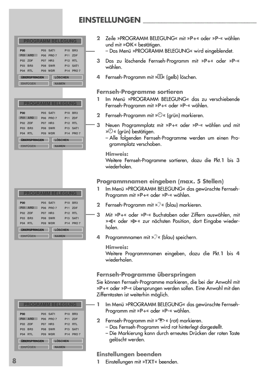 Grundig MFW 82-2410/7 Dolby manual Fernseh-Programme sortieren, Programmnamen eingeben max Stellen, Einstellungen beenden 