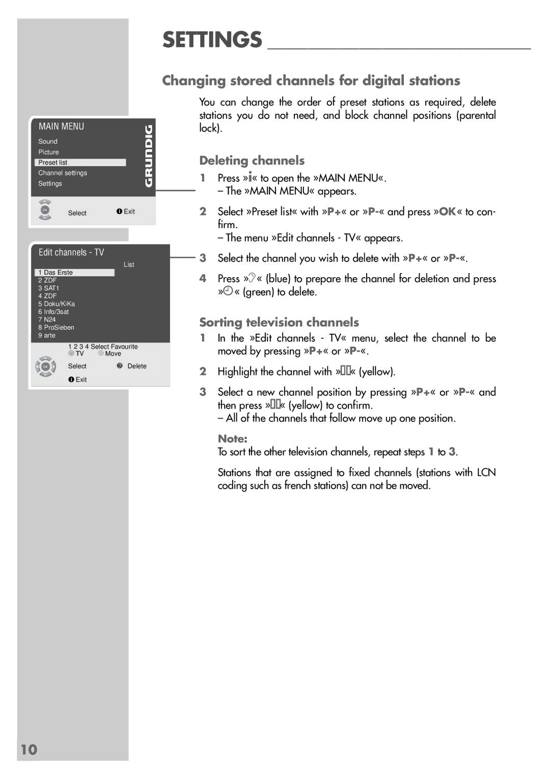 Grundig MF 72-6510/8 manual Changing stored channels for digital stations, Deleting channels, Sorting television channels 