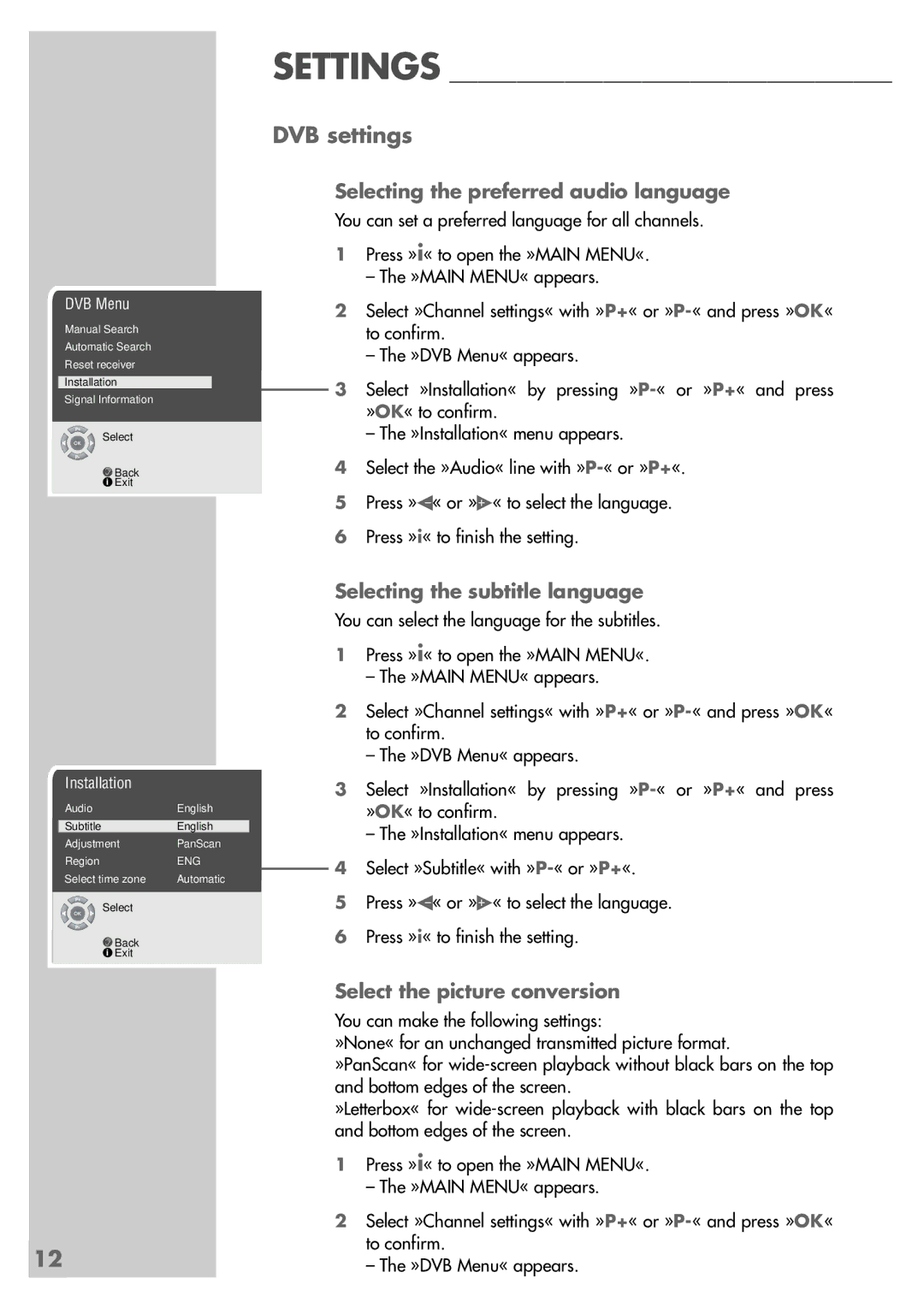 Grundig MF 72-6510/8 manual DVB settings, Selecting the preferred audio language, Selecting the subtitle language 