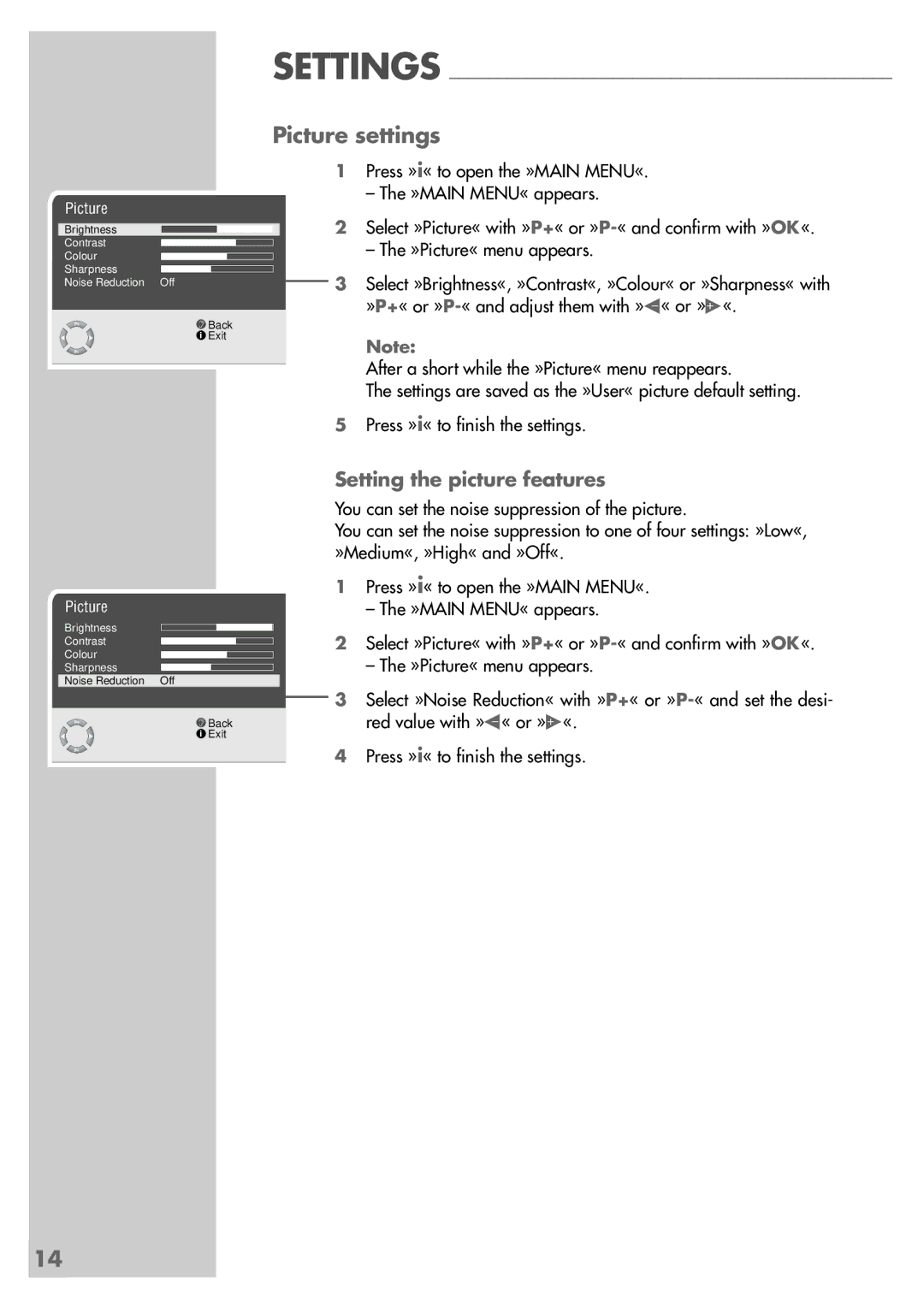 Grundig MF 72-6510/8 manual Picture settings, Setting the picture features 