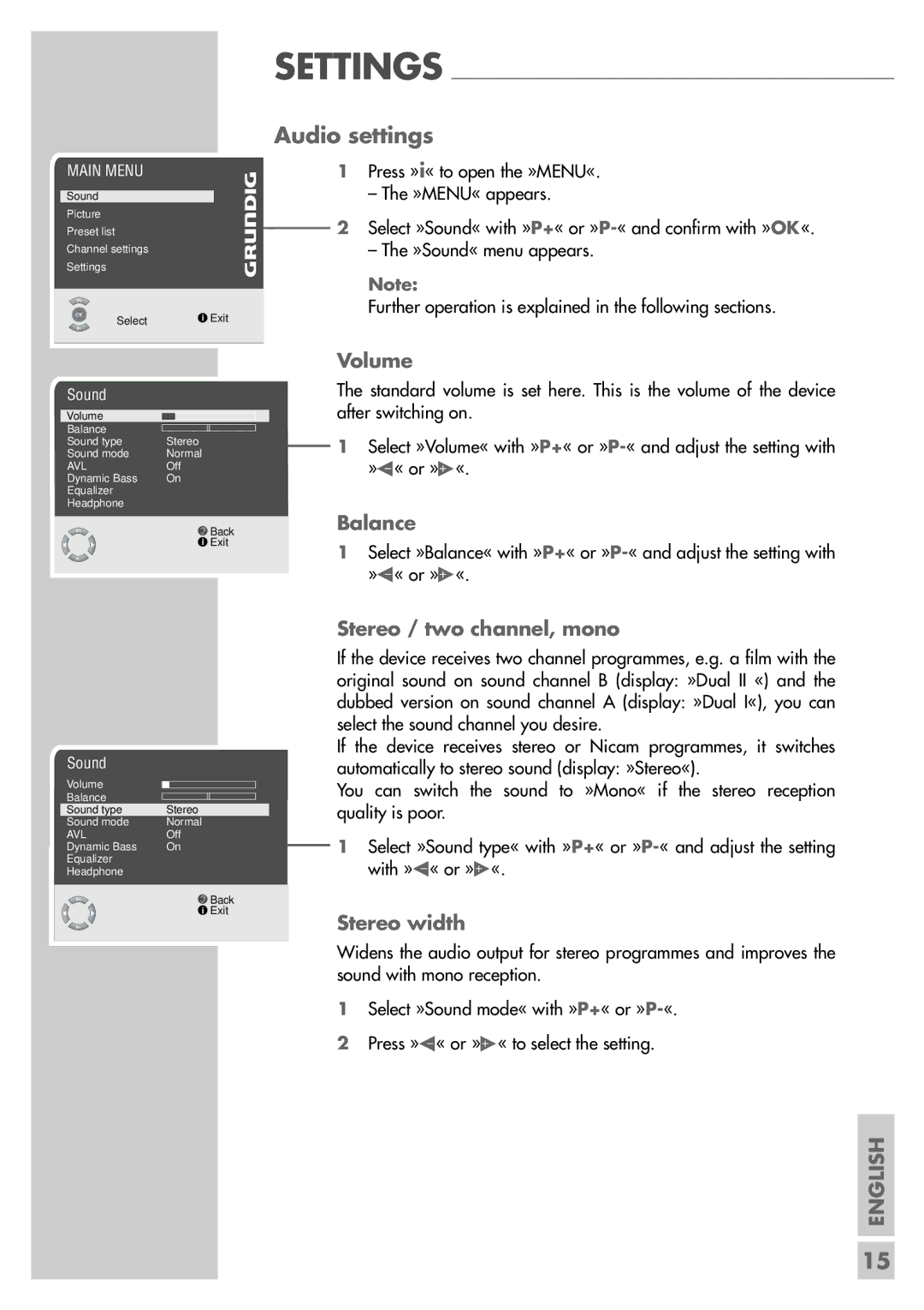 Grundig MF 72-6510/8 manual Audio settings, Volume, Balance, Stereo / two channel, mono, Stereo width 