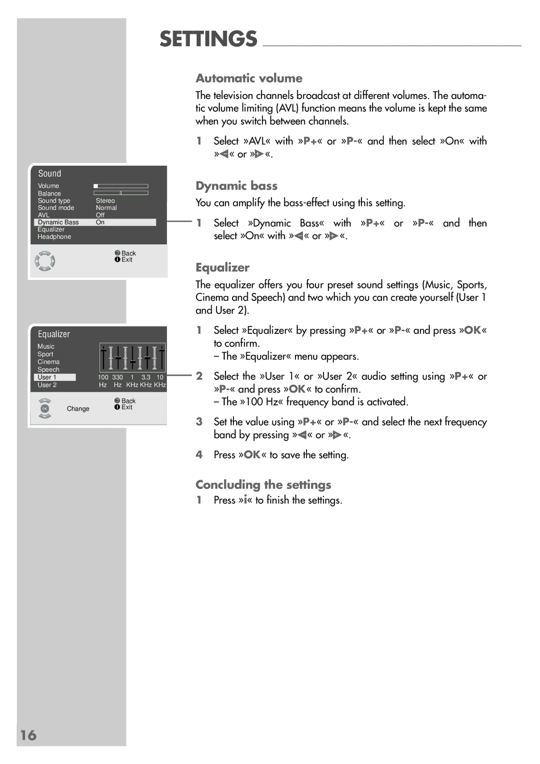 Grundig MF 72-6510/8 manual Automatic volume, Dynamic bass, Equalizer, Concluding the settings 