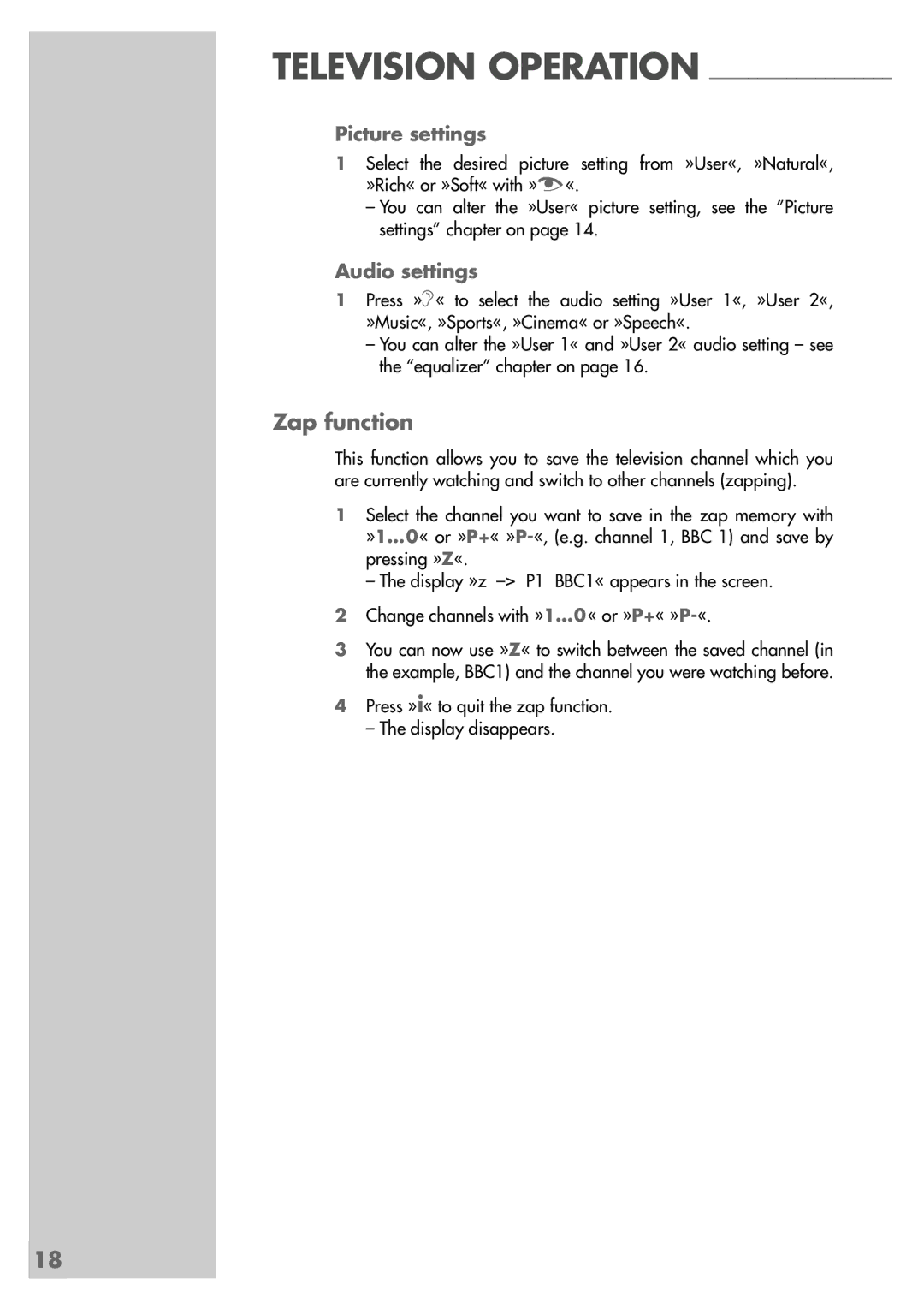 Grundig MF 72-6510/8 manual Zap function, Picture settings, Audio settings 